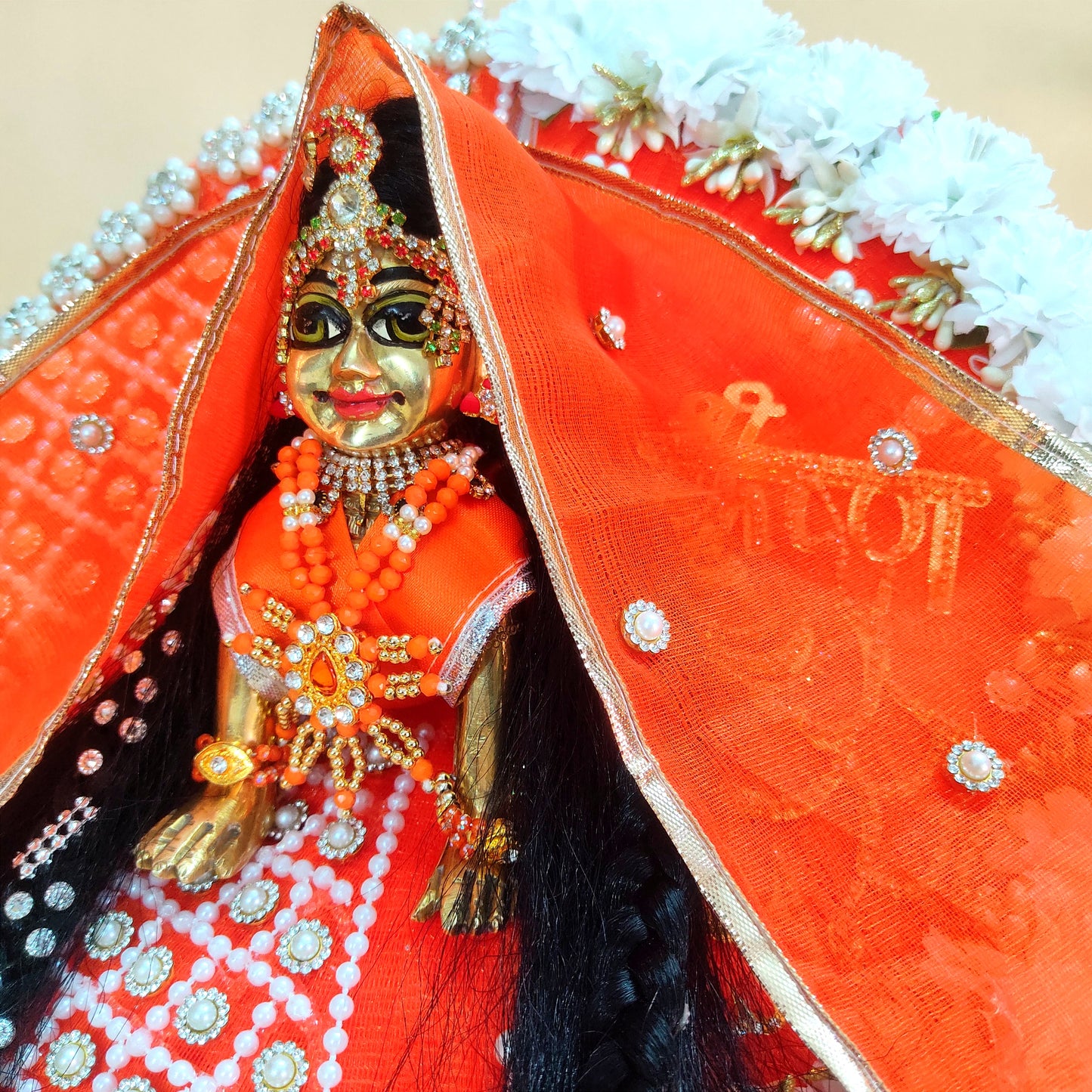 Golden “Shree Krishna” Name Patch with Charan Motif Radha Rani Dress – Orange Designer Poshak with Floral and Full Bead Work, Matching Dupatta & Full Shringar Set