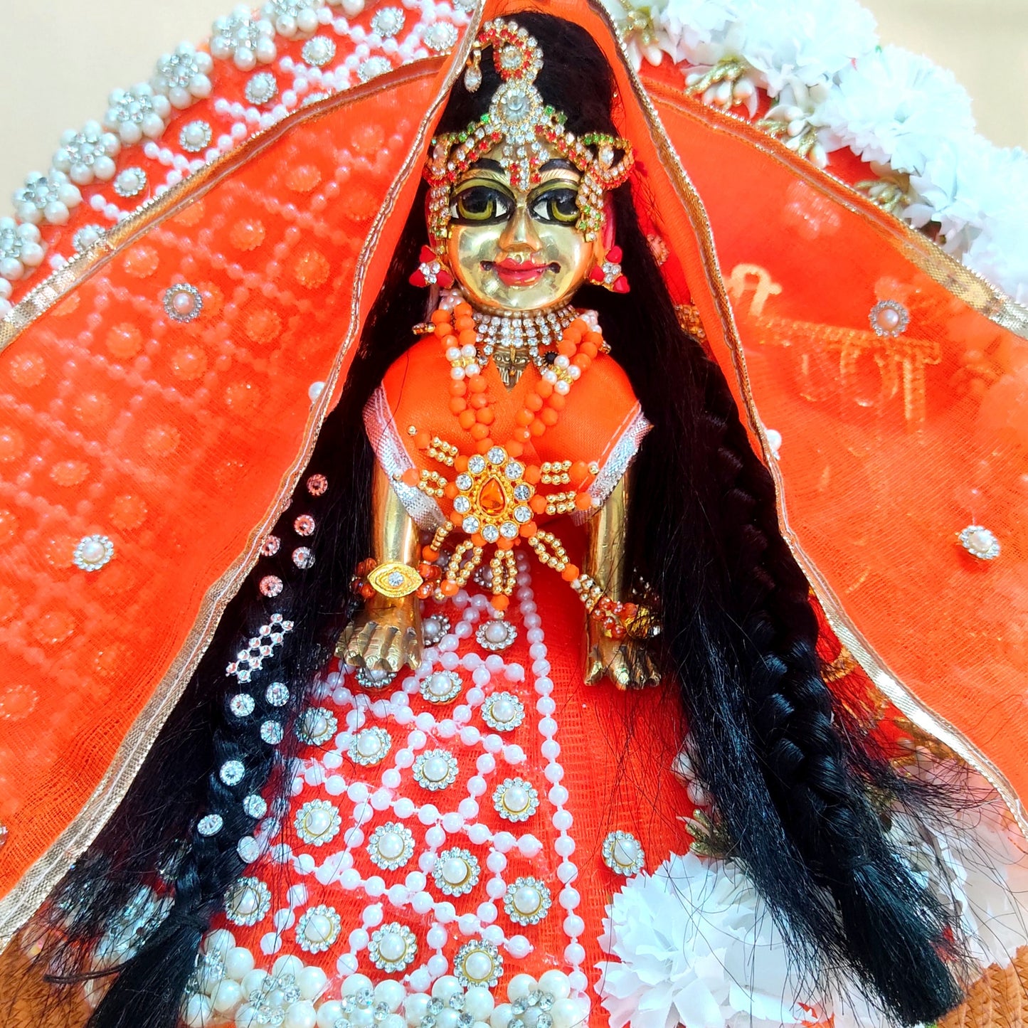 Golden “Shree Krishna” Name Patch with Charan Motif Radha Rani Dress – Orange Designer Poshak with Floral and Full Bead Work, Matching Dupatta & Full Shringar Set