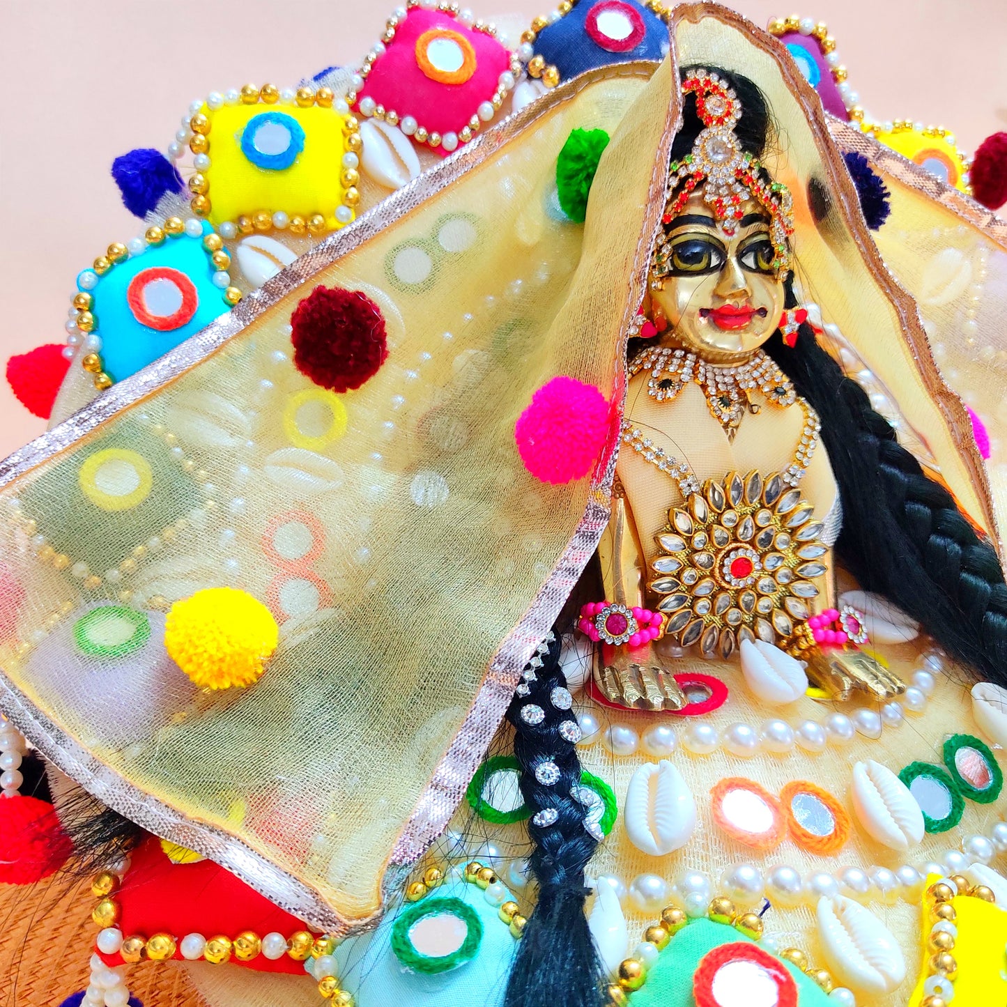Colorful Designer Radha Rani Dress – 3D Handmade Patches, Cowrie Beads, Mirror Work, Pom-Poms with Matching Dupatta & Full Shringar Set