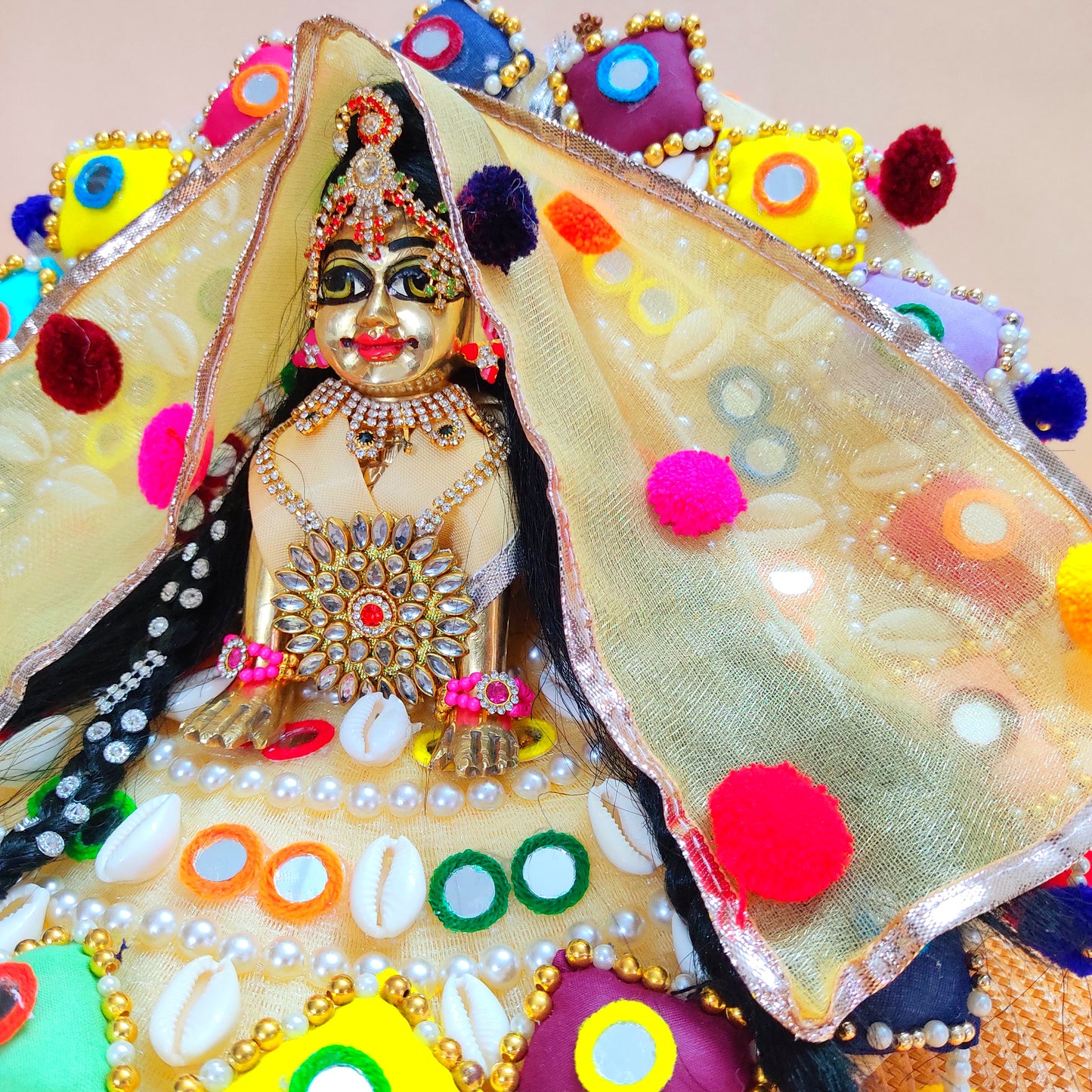 Colorful Designer Radha Rani Dress – 3D Handmade Patches, Cowrie Beads, Mirror Work, Pom-Poms with Matching Dupatta & Full Shringar Set