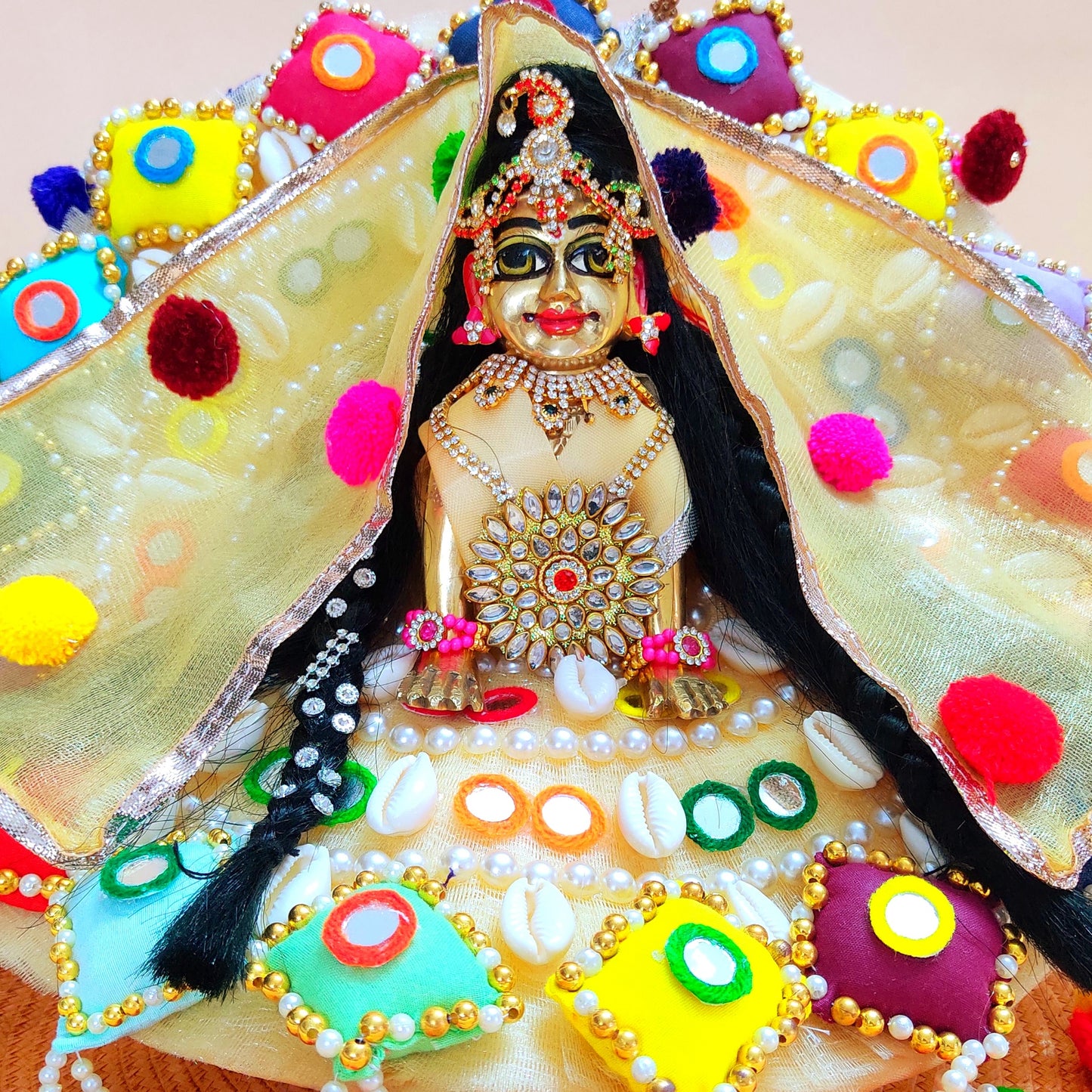 Colorful Designer Radha Rani Dress – 3D Handmade Patches, Cowrie Beads, Mirror Work, Pom-Poms with Matching Dupatta & Full Shringar Set