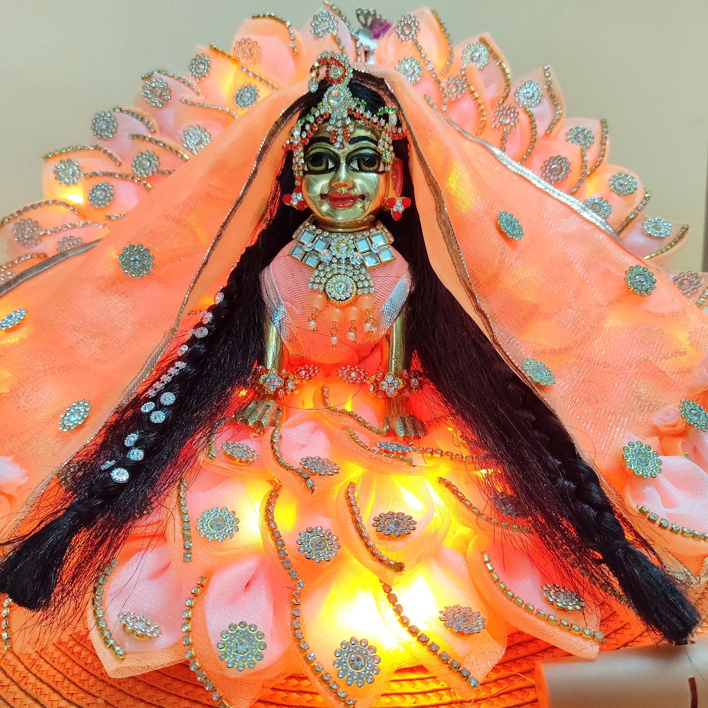LED Light Up Radha Rani Dress – Two-In-One Pink Radha Rani Dress with Matching Dupatta, Bansuri & A Surprise Gift.