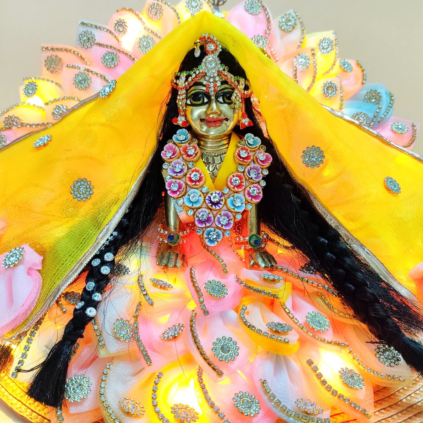 LED Light Up Radha Rani Dress – Two-In-One Pink Radha Rani Dress with Matching Dupatta, Bansuri & A Surprise Gift.