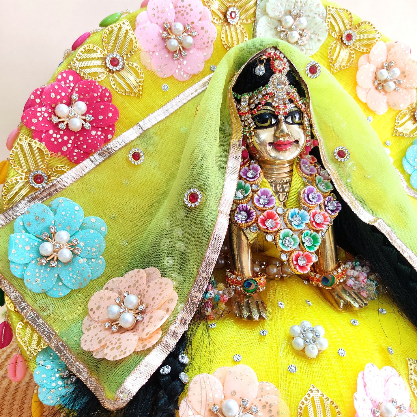 Divine Radha Rani Dress in Lemon Yellow – Multicolor Imported Flower Work & Matching Chunri, Full Shringar Included