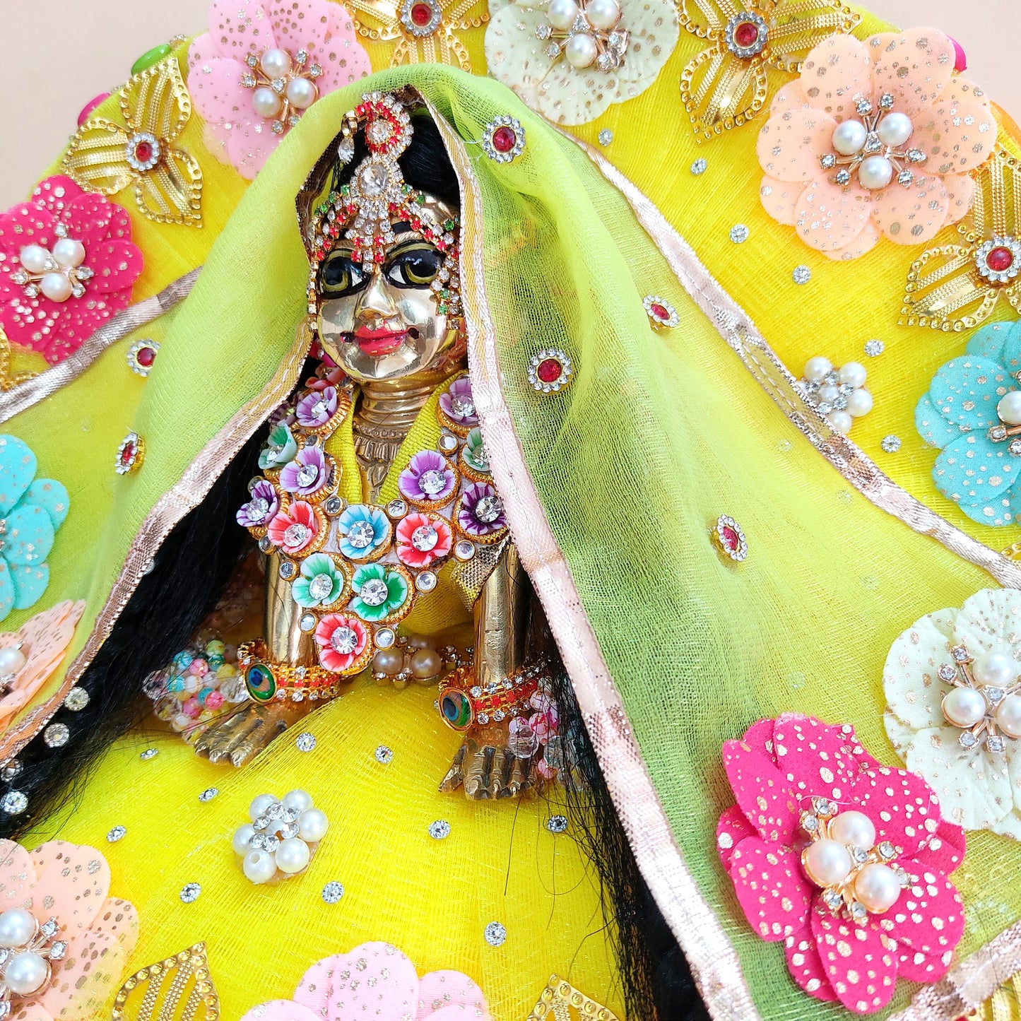 Divine Radha Rani Dress in Lemon Yellow – Multicolor Imported Flower Work & Matching Chunri, Full Shringar Included