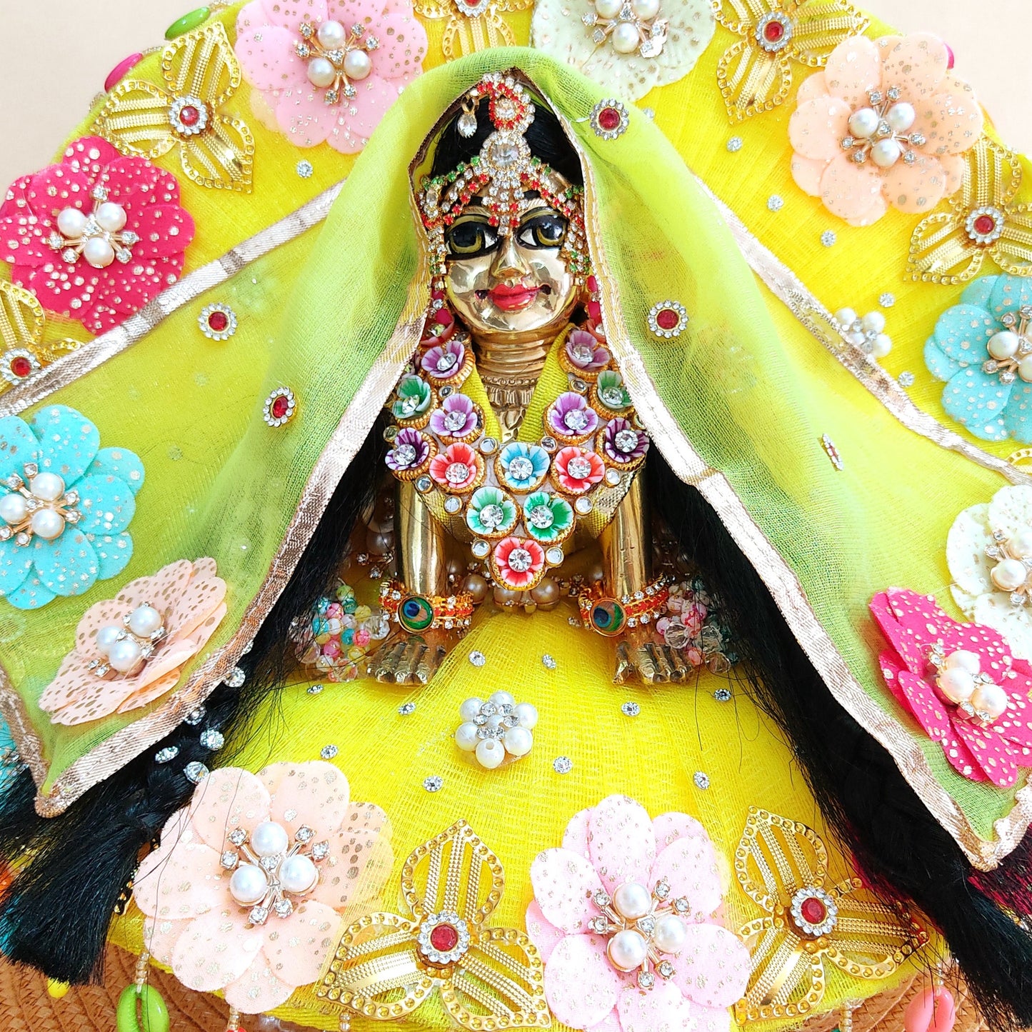 Divine Radha Rani Dress in Lemon Yellow – Multicolor Imported Flower Work & Matching Chunri, Full Shringar Included