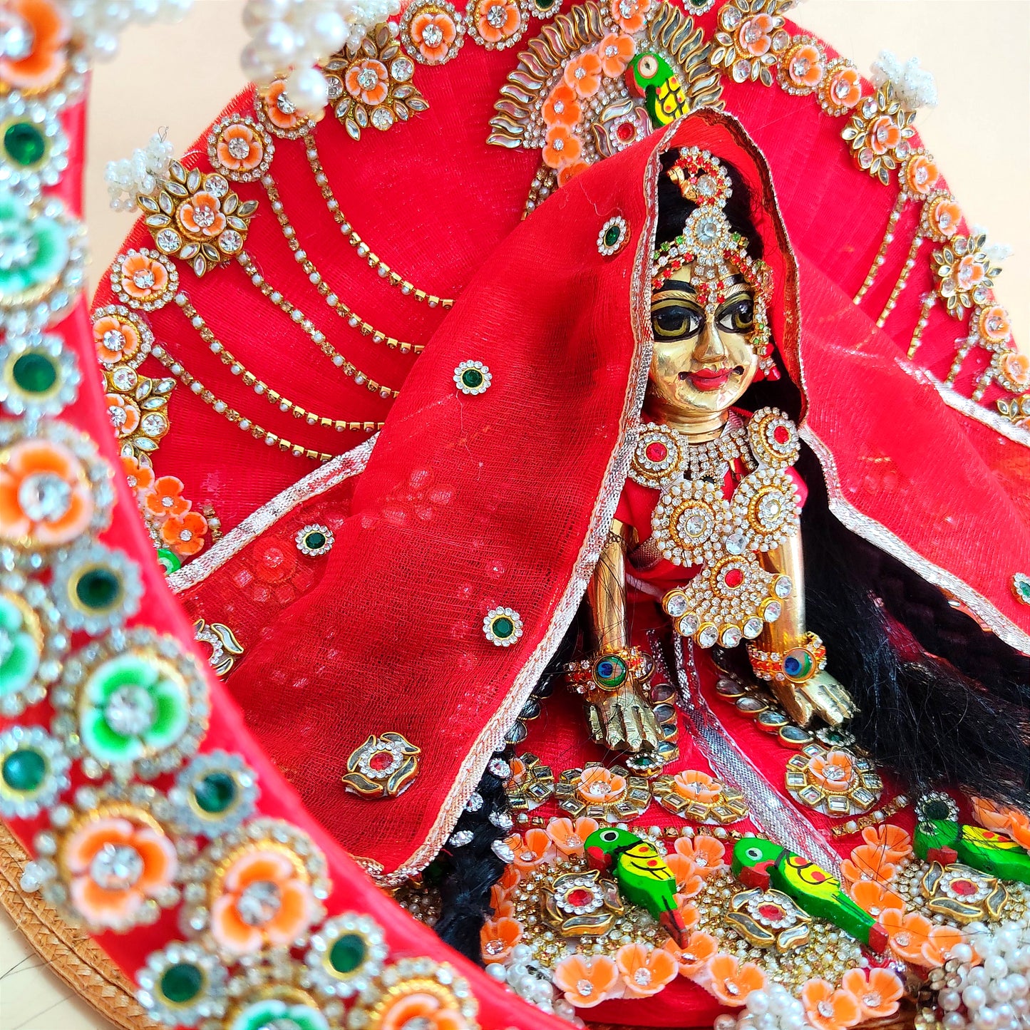 Two-In-One Ring Style Radha Rani Dress – Janmashtami Special Heavy Poshak with Decorative Ring, Handmade Kundan & Floral Patches, Matching Dupatta& Full Shringar Set