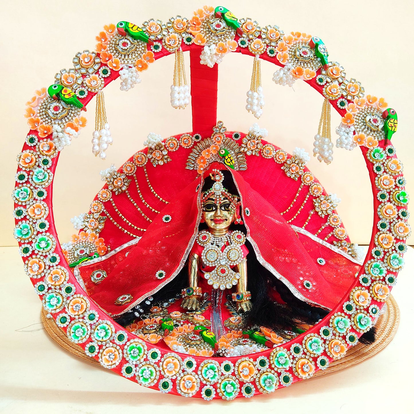Two-In-One Ring Style Radha Rani Dress – Janmashtami Special Heavy Poshak with Decorative Ring, Handmade Kundan & Floral Patches, Matching Dupatta& Full Shringar Set