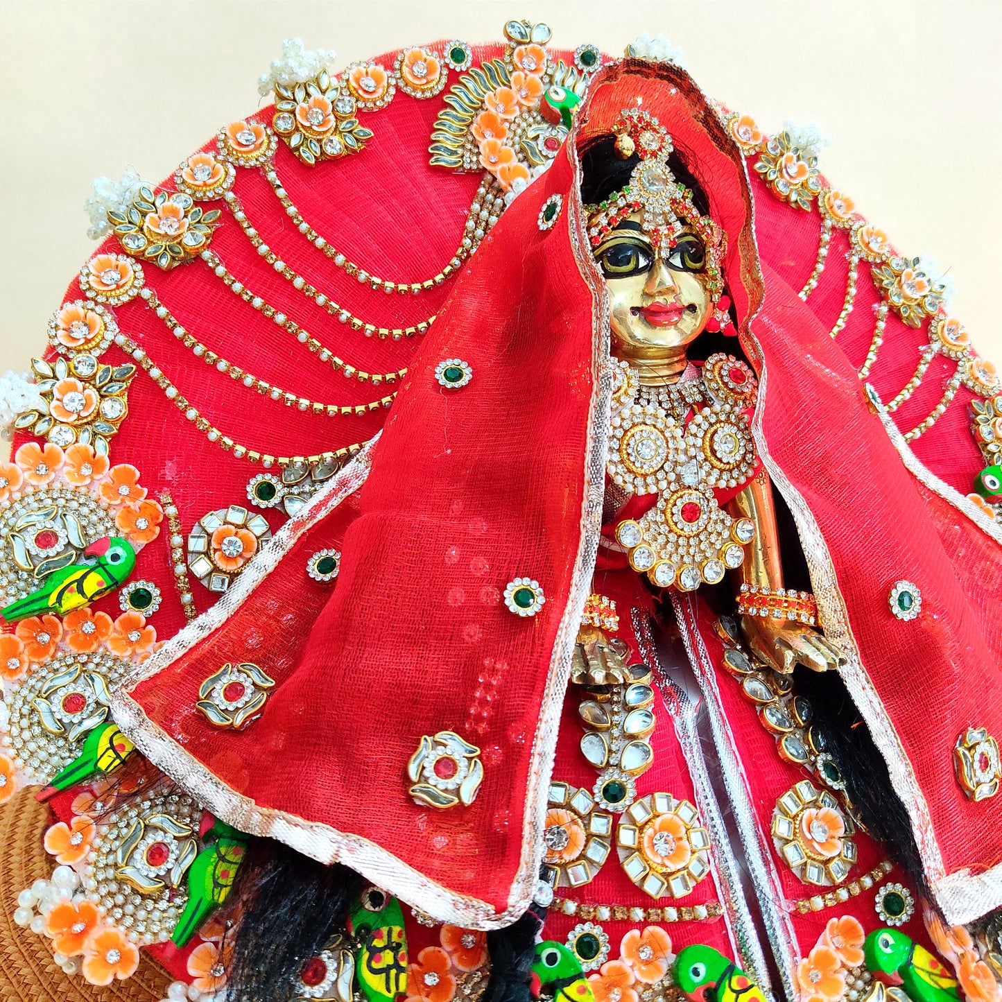 Two-In-One Ring Style Radha Rani Dress – Janmashtami Special Heavy Poshak with Decorative Ring, Handmade Kundan & Floral Patches, Matching Dupatta& Full Shringar Set