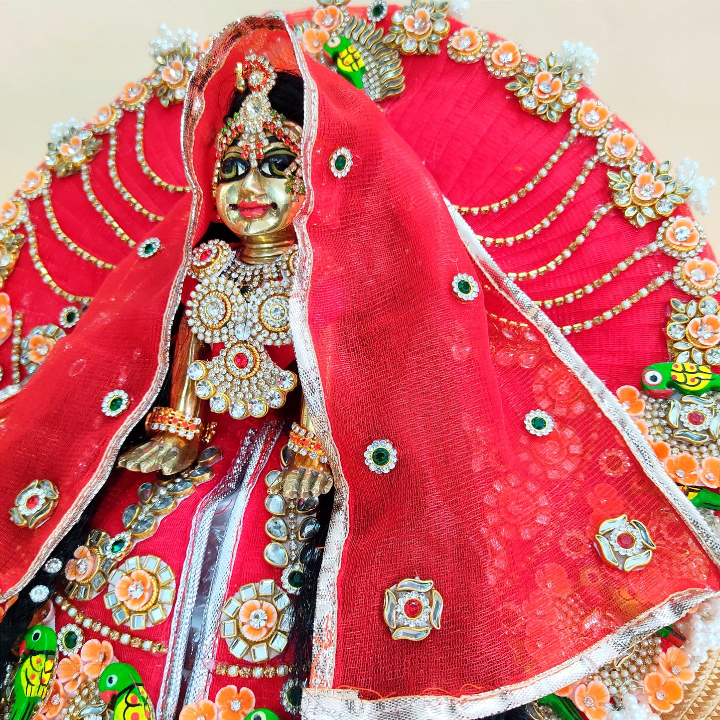 Two-In-One Ring Style Radha Rani Dress – Janmashtami Special Heavy Poshak with Decorative Ring, Handmade Kundan & Floral Patches, Matching Dupatta& Full Shringar Set