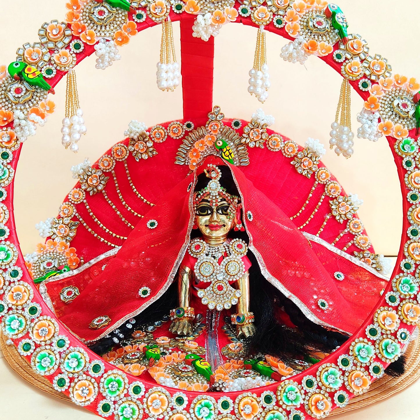 Two-In-One Ring Style Radha Rani Dress – Janmashtami Special Heavy Poshak with Decorative Ring, Handmade Kundan & Floral Patches, Matching Dupatta& Full Shringar Set