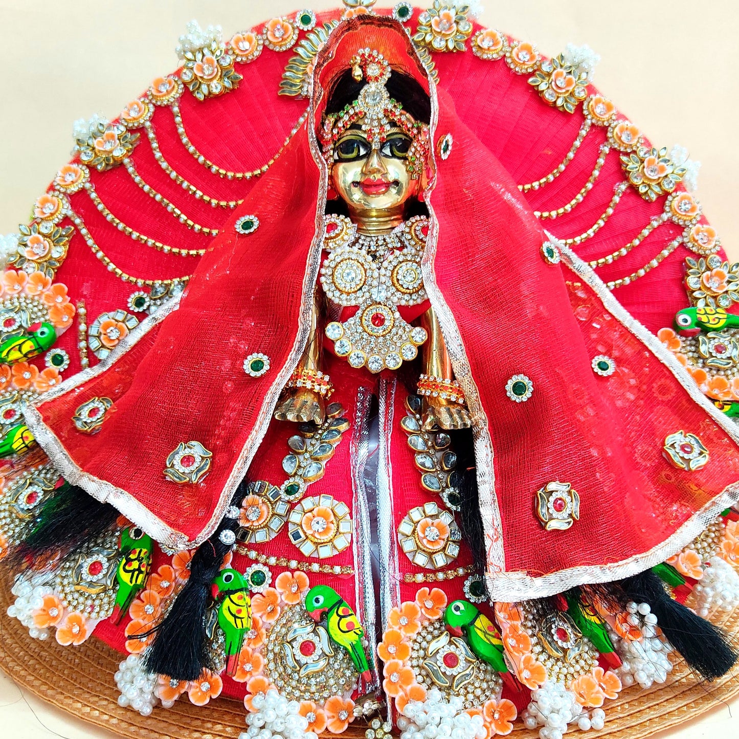 Two-In-One Ring Style Radha Rani Dress – Janmashtami Special Heavy Poshak with Decorative Ring, Handmade Kundan & Floral Patches, Matching Dupatta& Full Shringar Set