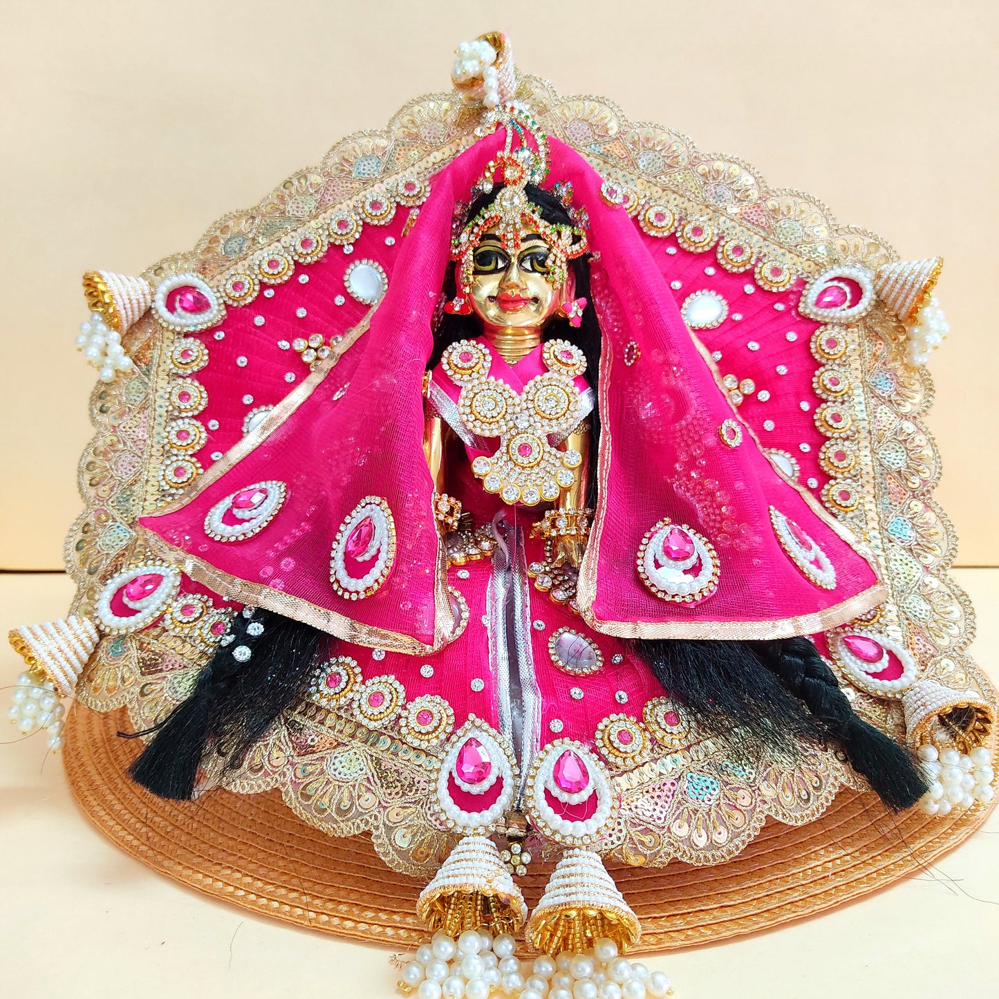 Royal Rani Pink Radha Rani Dress – Hexagon Poshak with Handmade Patches, Heavy Dupatta & Full Shringar Set