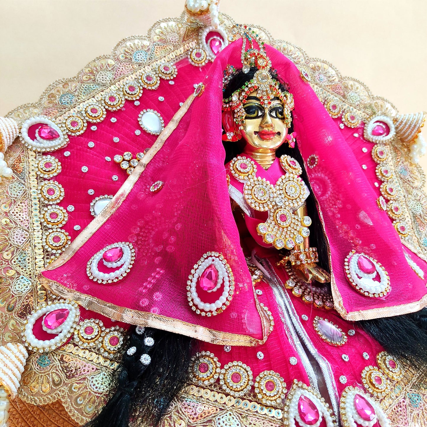 Royal Rani Pink Radha Rani Dress – Hexagon Poshak with Handmade Patches, Heavy Dupatta & Full Shringar Set