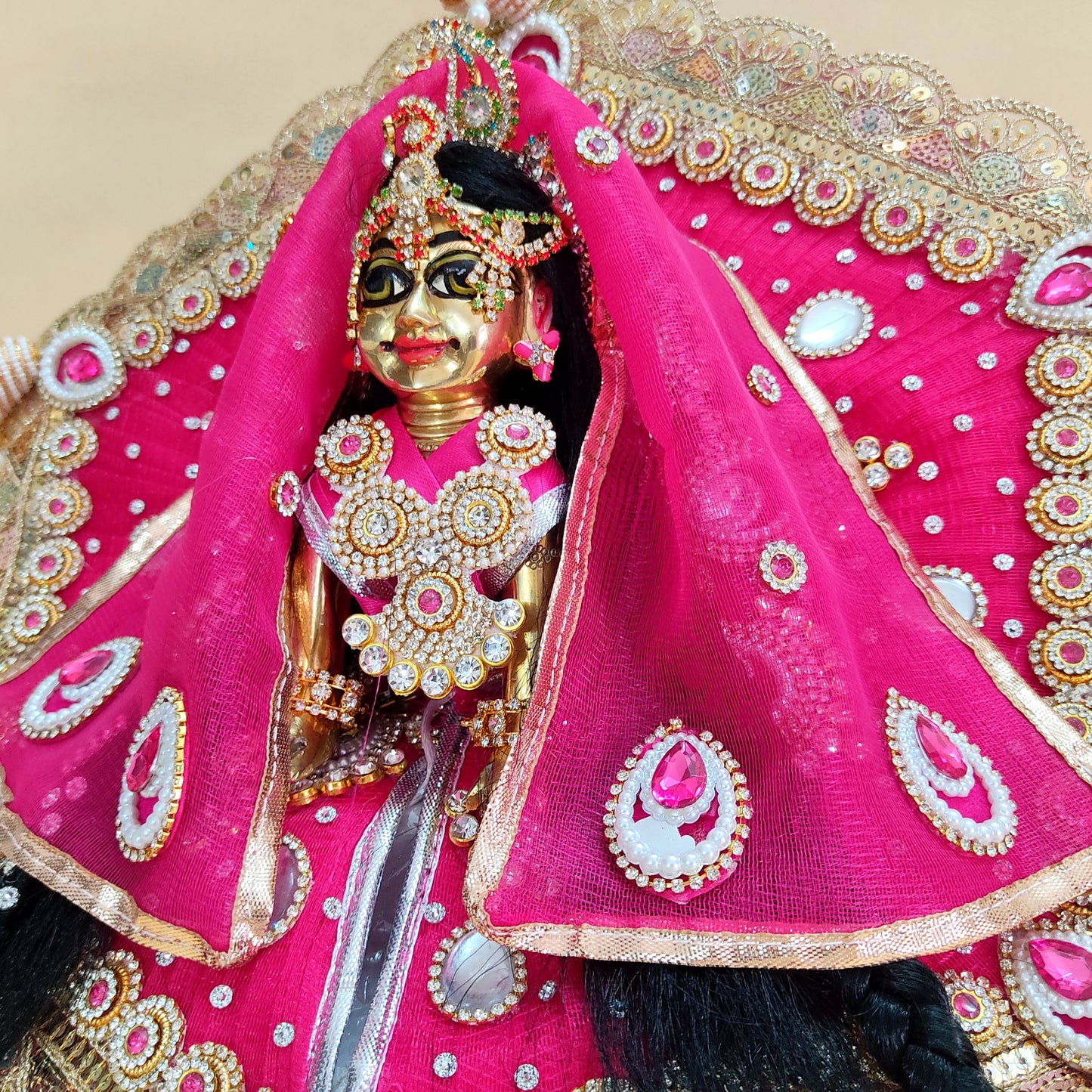 Royal Rani Pink Radha Rani Dress – Hexagon Poshak with Handmade Patches, Heavy Dupatta & Full Shringar Set