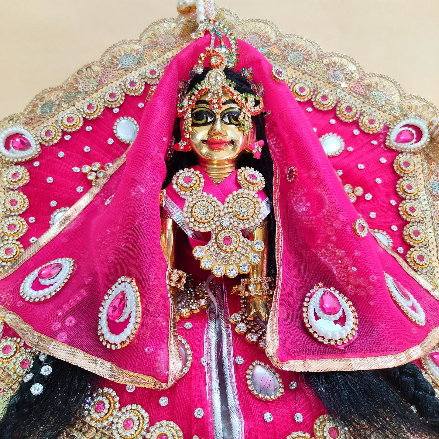Royal Rani Pink Radha Rani Dress – Hexagon Poshak with Handmade Patches, Heavy Dupatta & Full Shringar Set
