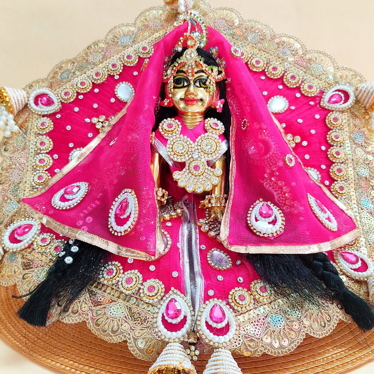 Royal Rani Pink Radha Rani Dress – Hexagon Poshak with Handmade Patches, Heavy Dupatta & Full Shringar Set
