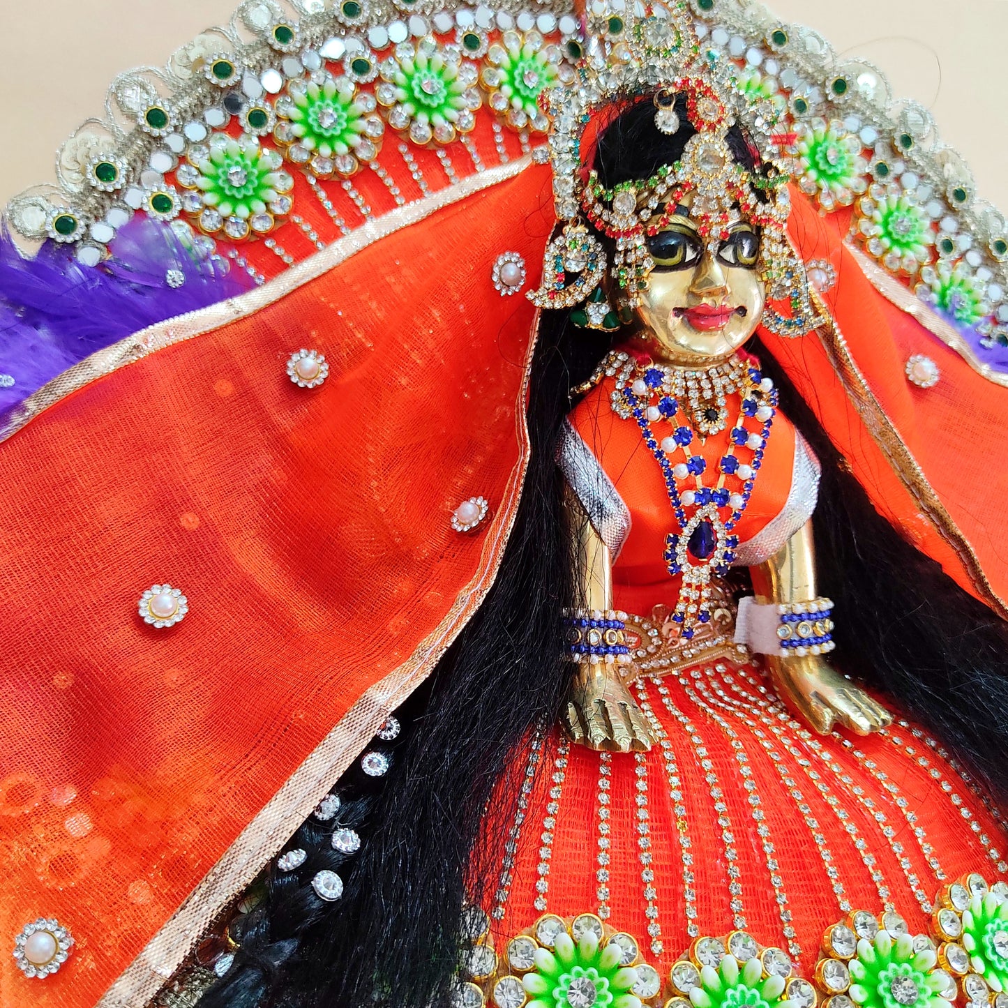 Designer Orange Radha Rani Dress – Peacock Patches, Purple Feather Work & Full Shringar with Heavy Dupatta