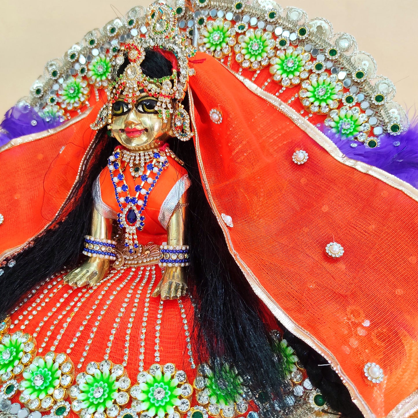 Designer Orange Radha Rani Dress – Peacock Patches, Purple Feather Work & Full Shringar with Heavy Dupatta