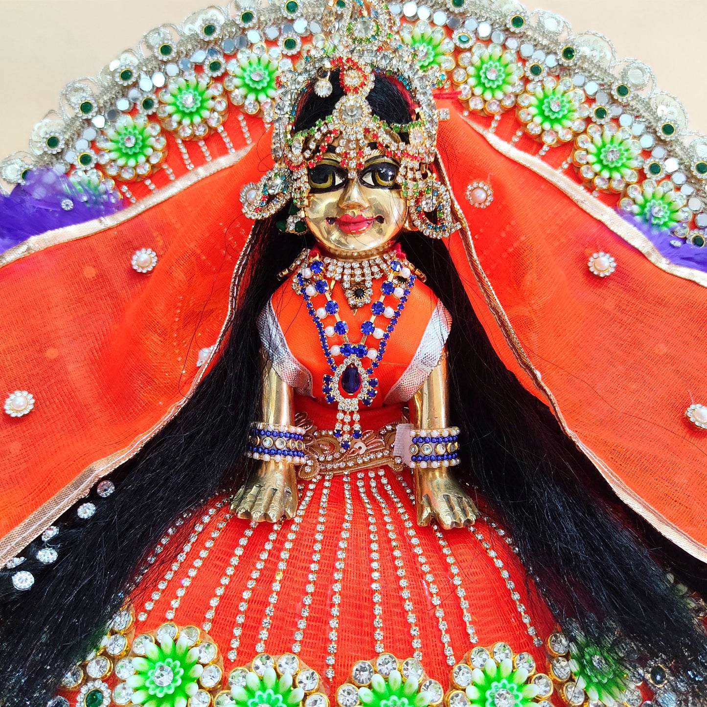 Designer Orange Radha Rani Dress – Peacock Patches, Purple Feather Work & Full Shringar with Heavy Dupatta