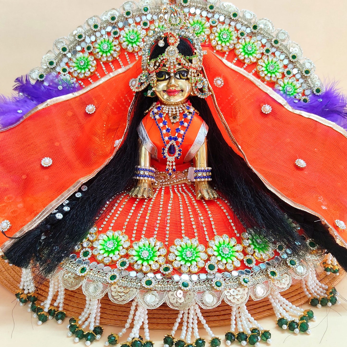 Designer Orange Radha Rani Dress – Peacock Patches, Purple Feather Work & Full Shringar with Heavy Dupatta