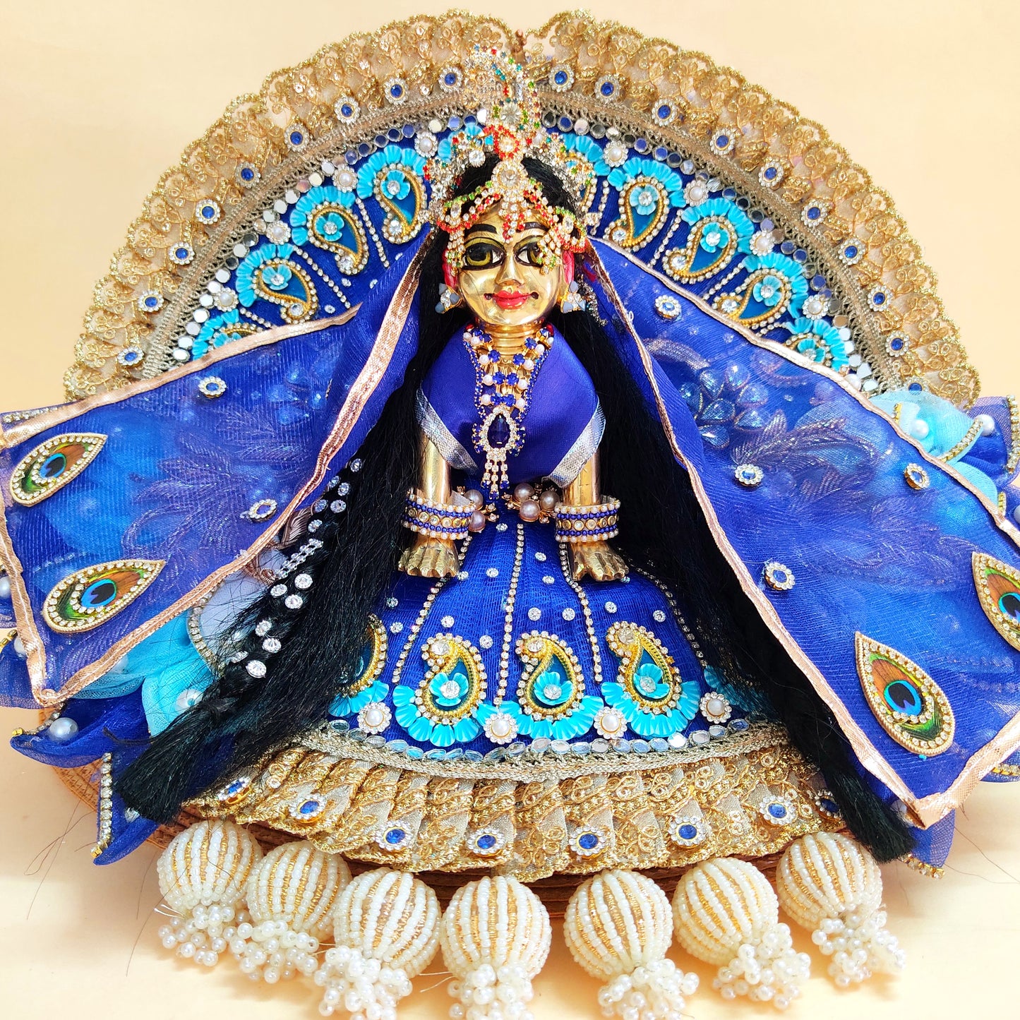 Majestic Royal Blue Radha Rani Dress – Detailed Handwork with Peacock Motifs, Petal Design, Heavy Chunri & Full Shringar Set
