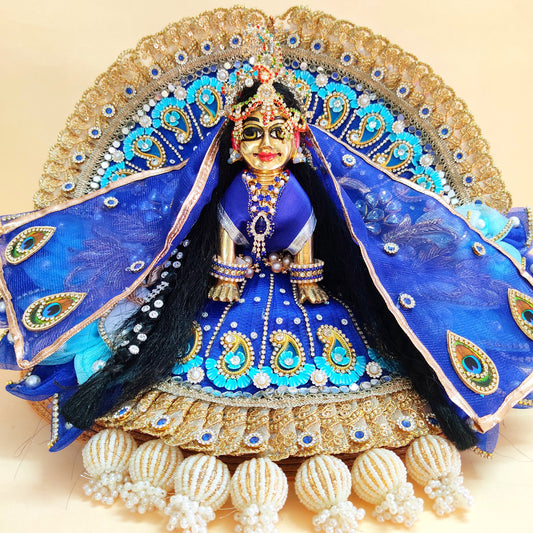 Majestic Royal Blue Radha Rani Dress – Detailed Handwork with Peacock Motifs, Petal Design, Heavy Chunri & Full Shringar Set