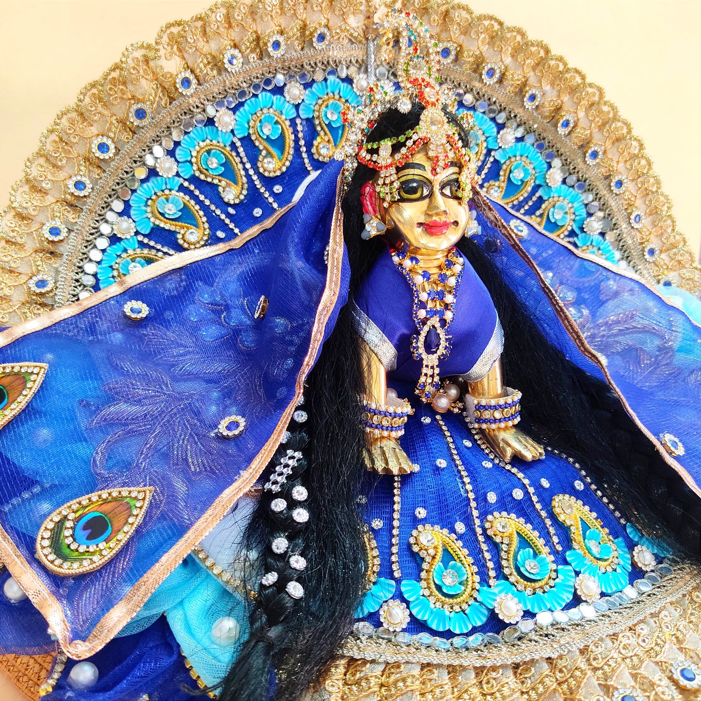 Majestic Royal Blue Radha Rani Dress – Detailed Handwork with Peacock Motifs, Petal Design, Heavy Chunri & Full Shringar Set