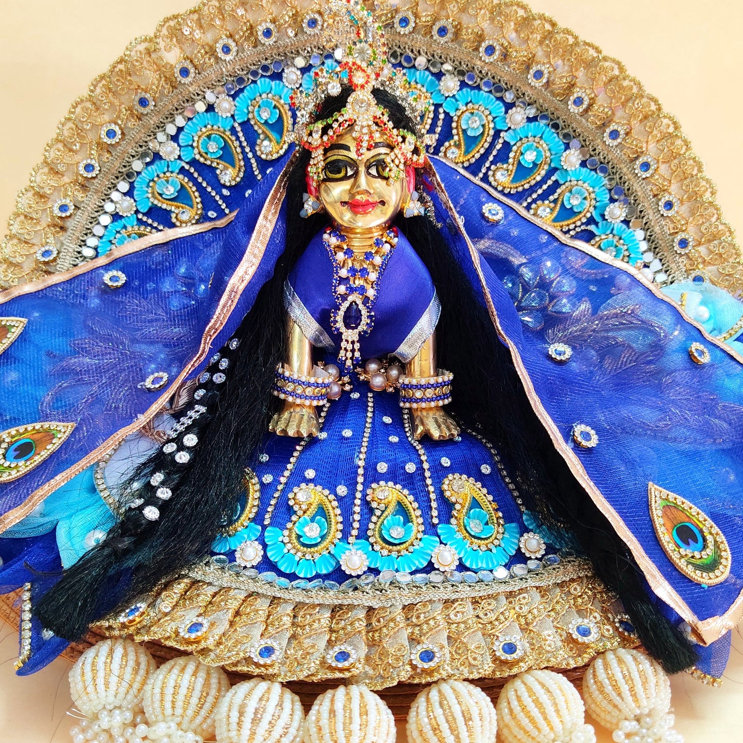 Majestic Royal Blue Radha Rani Dress – Detailed Handwork with Peacock Motifs, Petal Design, Heavy Chunri & Full Shringar Set