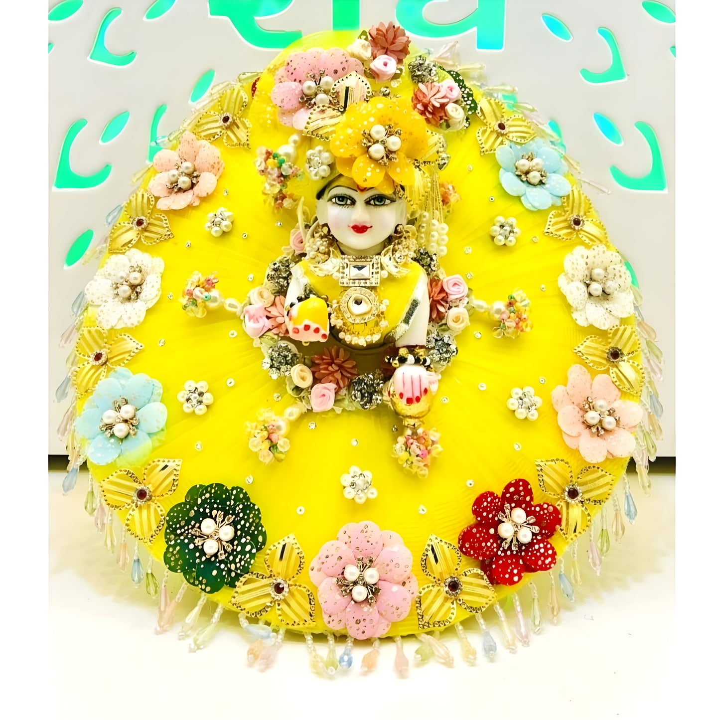 Divine Laddu Gopal Dress in Lemon Yellow – Multicolor Imported Flower Work & Mukut, Full Shringar Included