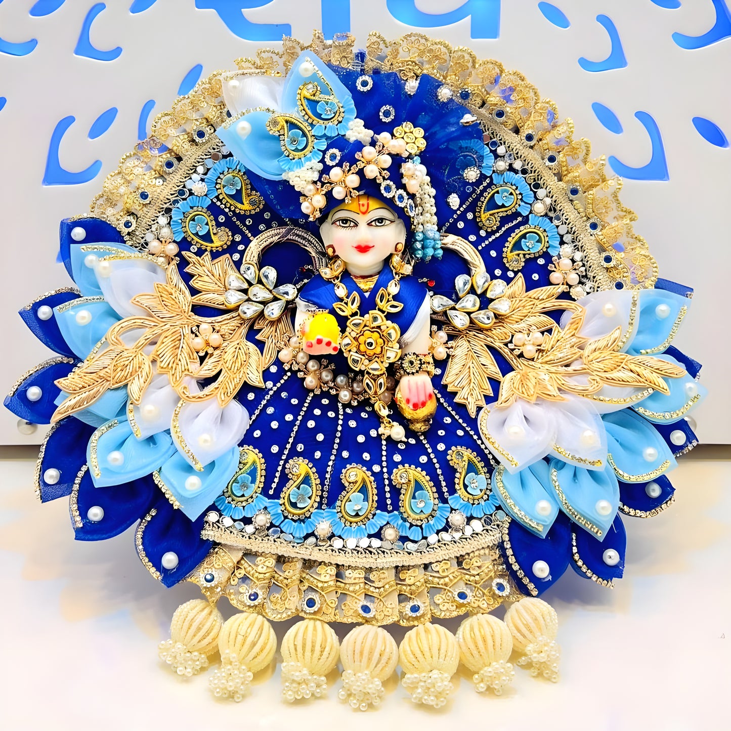 Majestic Royal Blue Laddu Gopal Dress – Detailed Handwork with Peacock Motifs, Petal Design, Heavy Mukut & Full Shringar Set