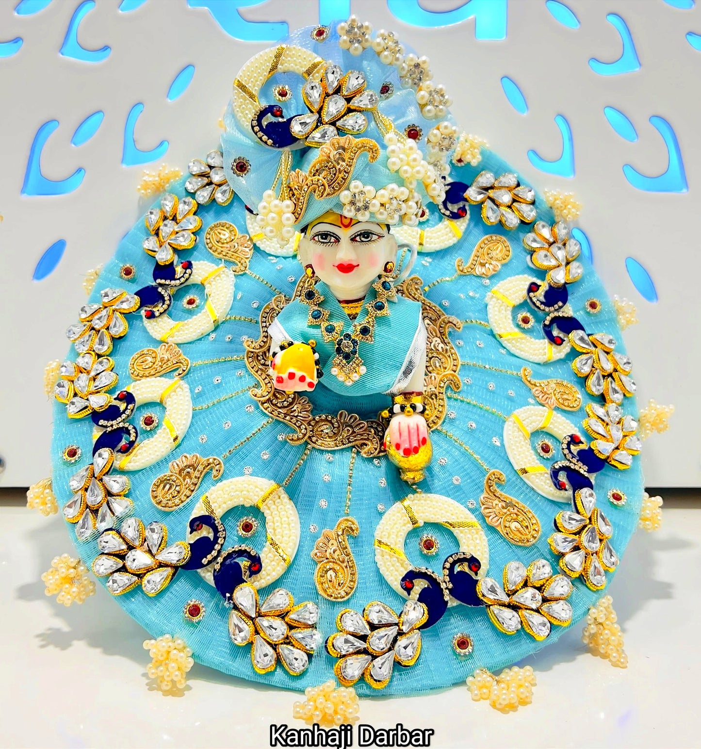 Sky Blue Kundan Work Radha Rani Dress – Royal Kundan Embroidery on Peacock Motifs, Matching Dupatta & Complete Shringar Set