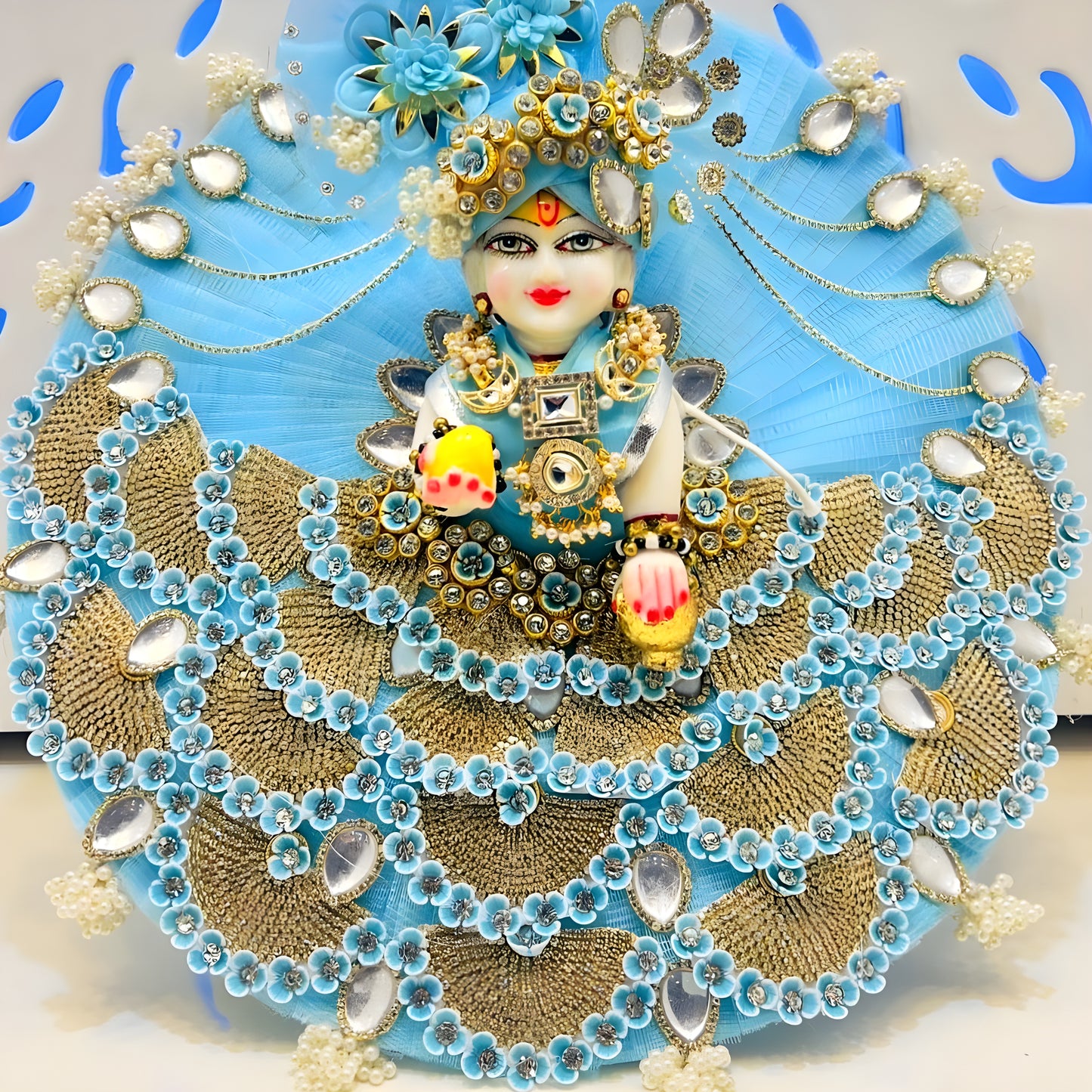 Sparkling Diamond Finish Kanha ji Dress in Sky Blue – Janmashtami Special Unique Design Poshak With Matching Mukut, Bansuri & A Surprise Gift.