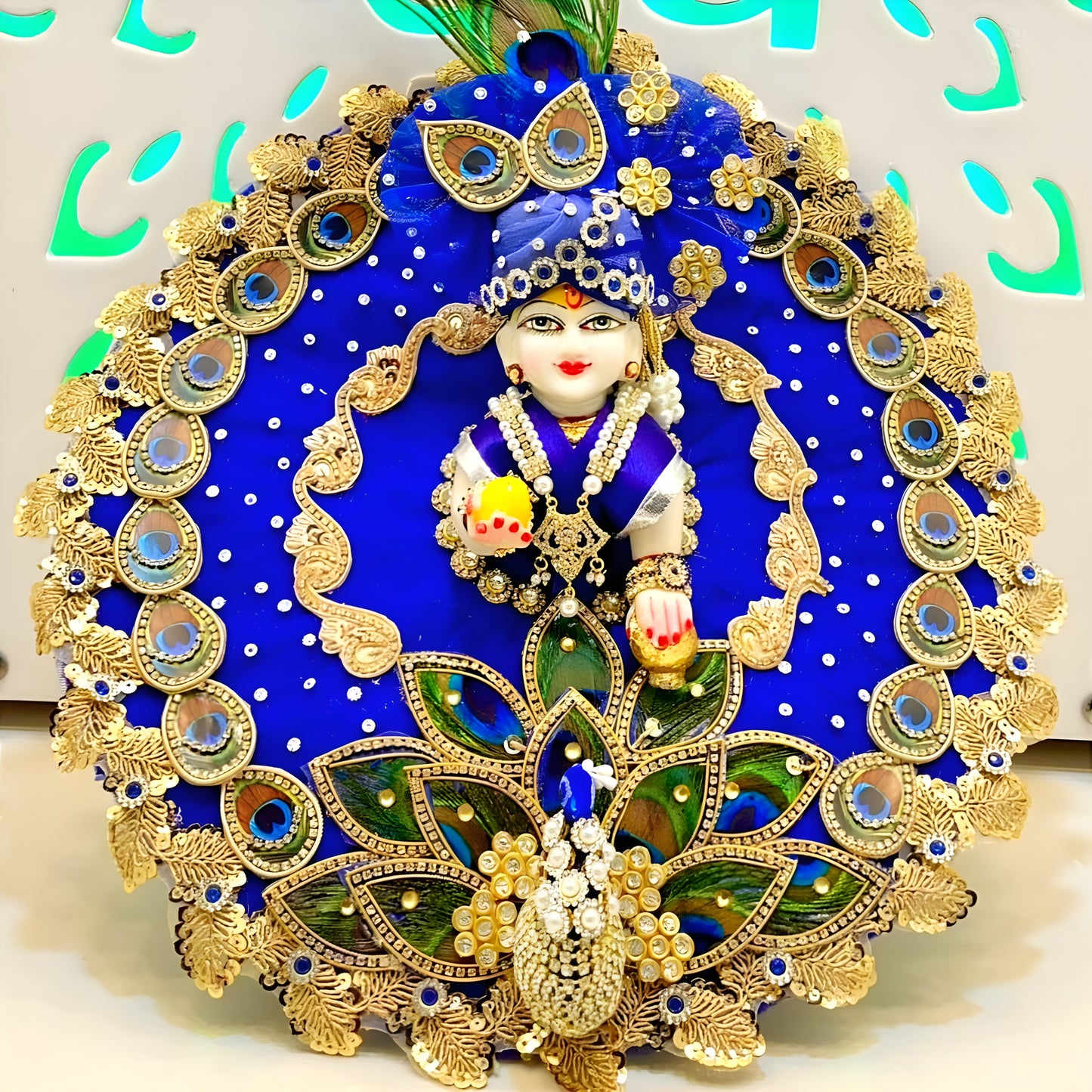 3D Peacock Blue Color Laddu Gopal Dress – Janmashtami Special Designer Thakur Ji Poshak with Matching Mukut & Full Shringar Set