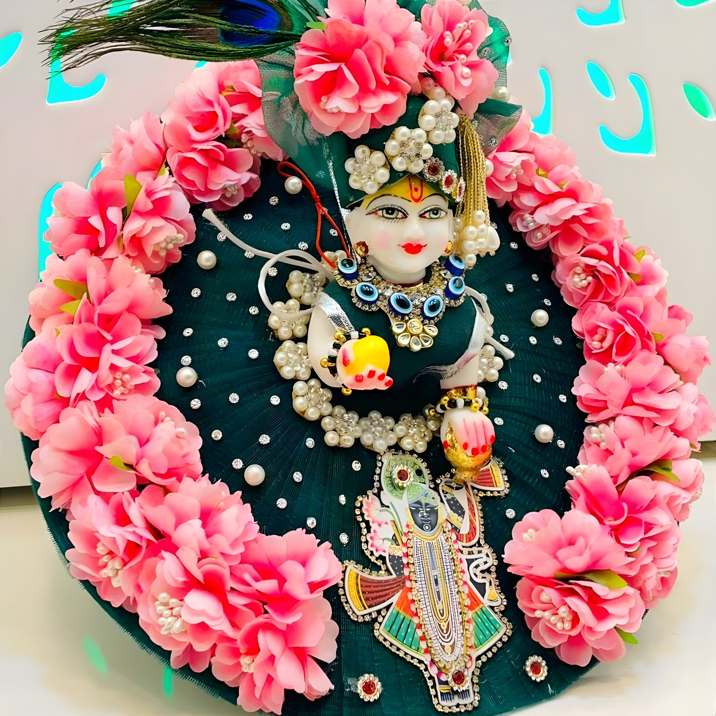 Divine Shreenath Style Radha Rani Poshak – Floral Design Dress with Chunri & Complete Shringar Accessories