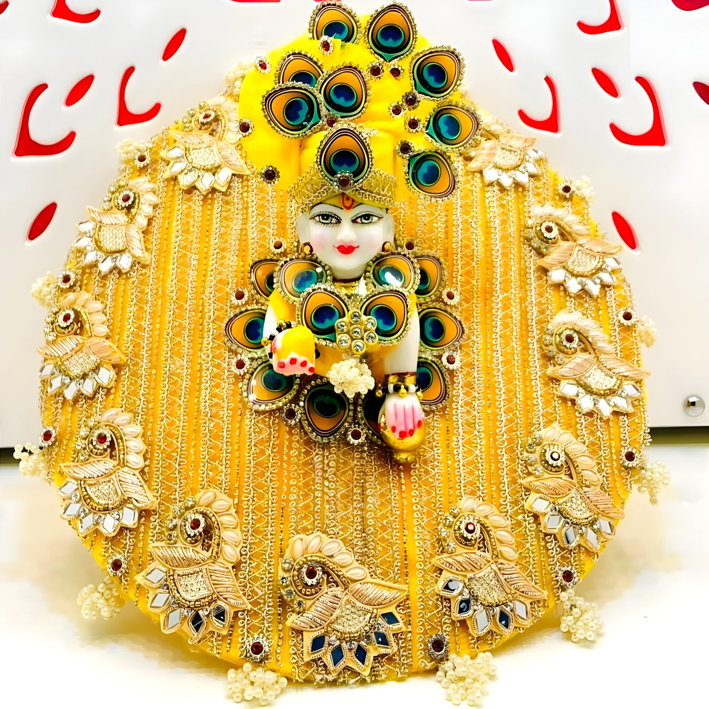 Royal Yellow Designer Kanha Ji Dress – Full Lace Work with Peacock Style Patches, Matching Mukut & Complete Shringar Set