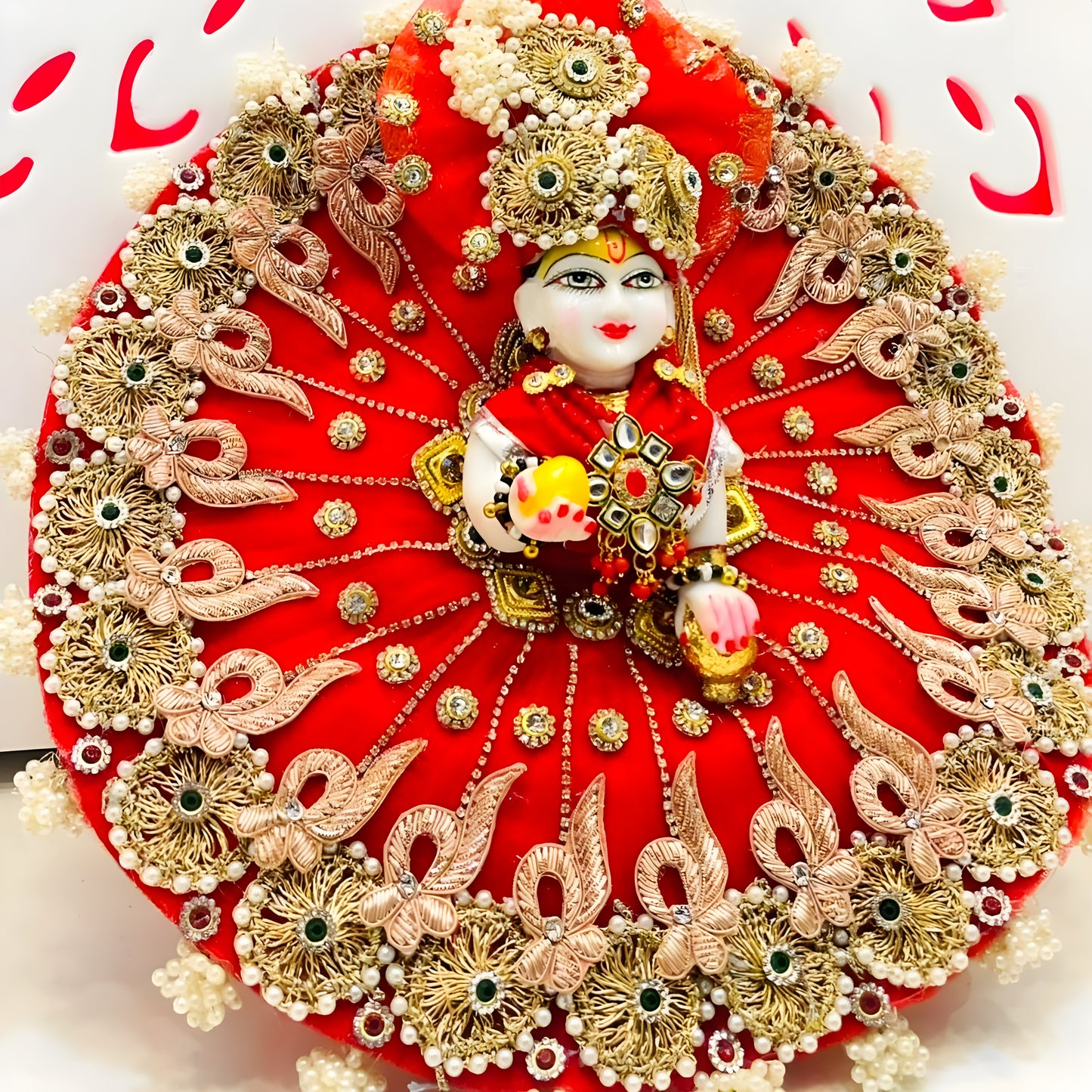 Traditional Red Radha Rani Poshak – Intricate Zari & Golden Patch Dress with Matching Dupatta & Full Shringar Set