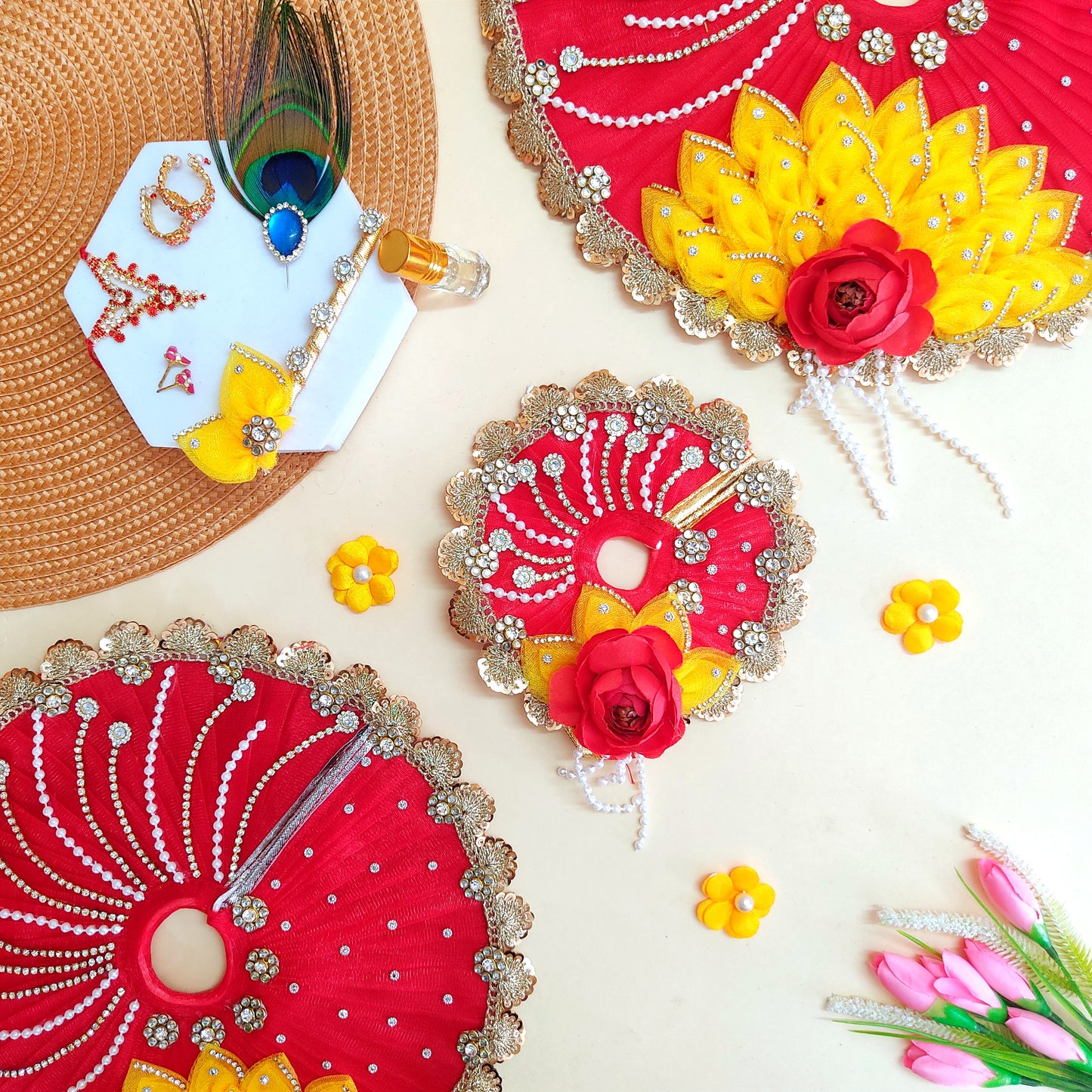 Diwali Special Red & Yellow Kanha Ji Poshak with Diamond Lace & Floral Accents with Mukut, Pataka Set, Bansuri & Full Shringar Set