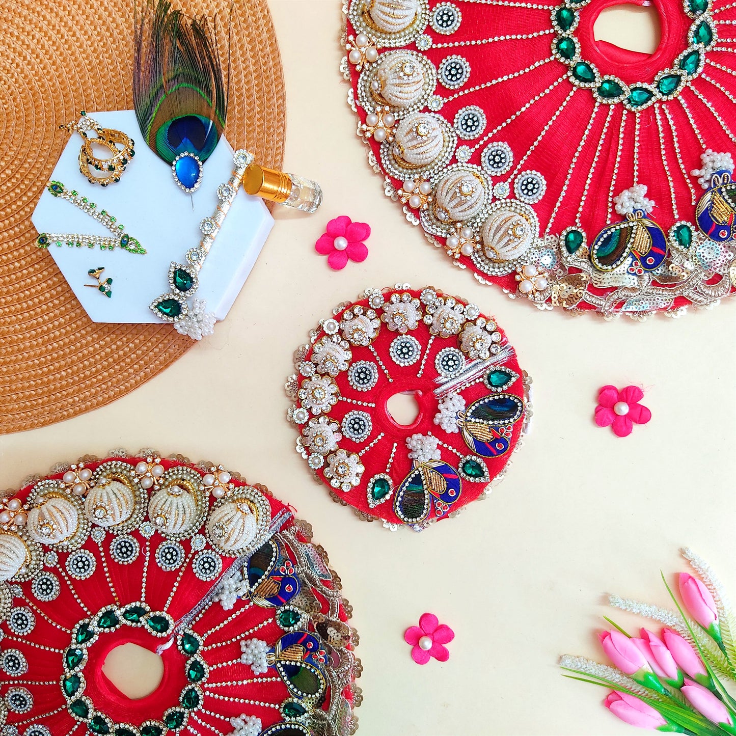 Luxury Diwali Red Kanha Ji Poshak with 3D Pearl Balls, Zari Peacock Patches & Diamond Chain Work with Matching Mukut, Pataka Set, Bansuri & A Surprise Gift.