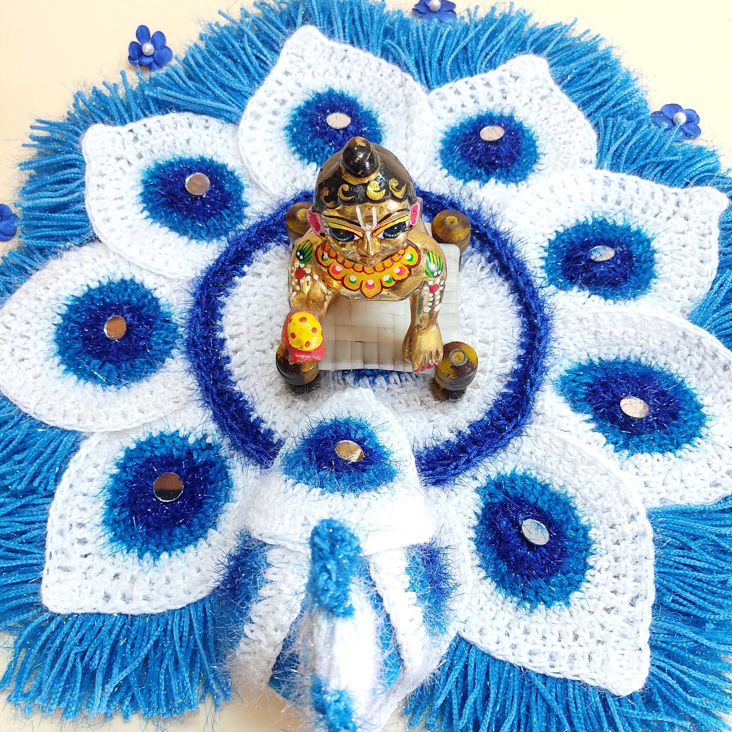 Handmade Crocheted Peacock-Inspired Blue & White Aasan for Kanha Ji | Elegant Thalposh | Sacred Table Cover & Home Decor