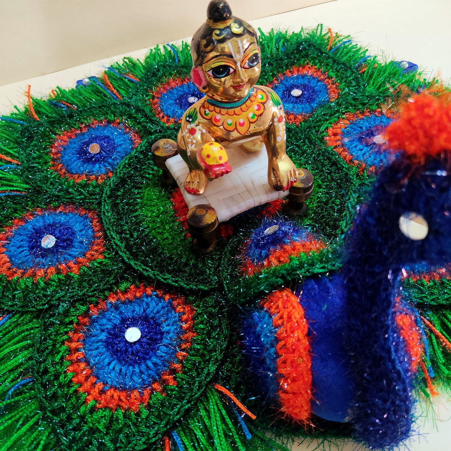 Handmade Crocheted Peacock-Inspired Pink and White Aasan for Kanha Ji | Elegant Thalposh | Sacred Table Cover & Home Decor
