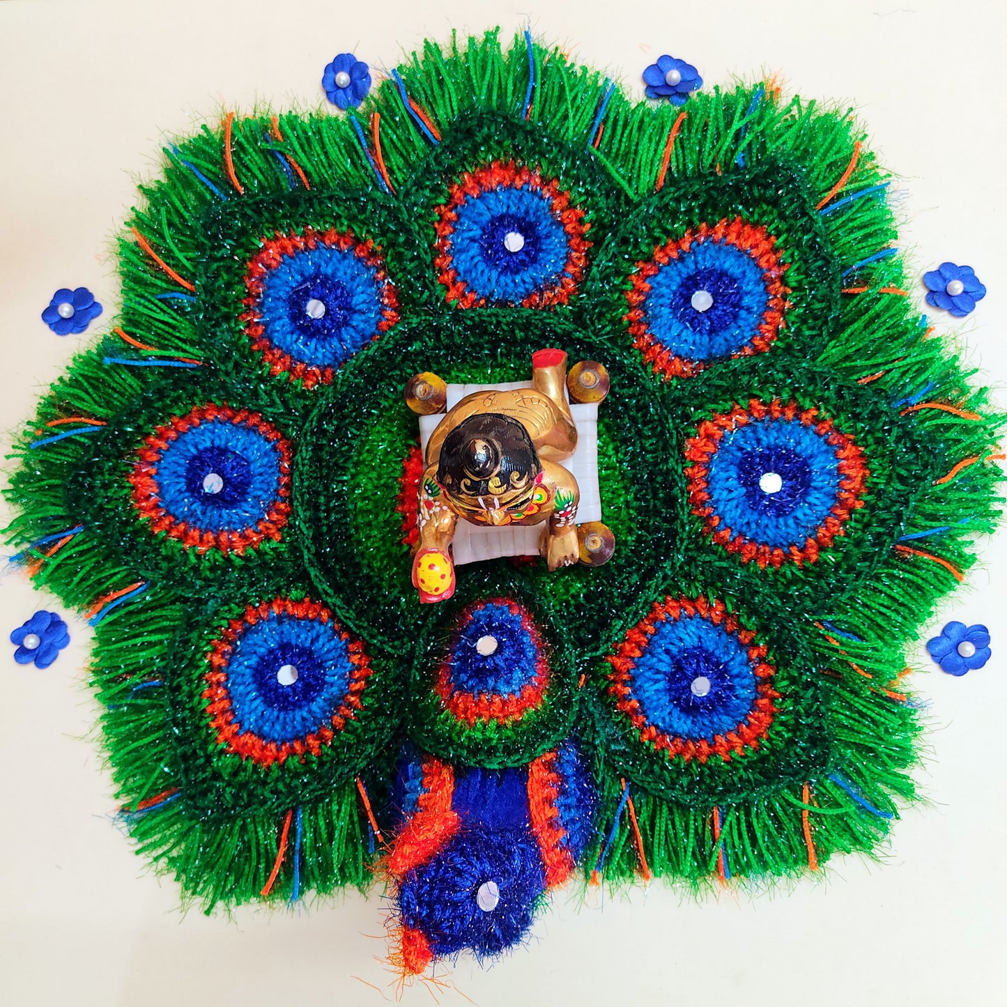 Handmade Crocheted Peacock-Inspired Aasan for Kanha Ji | Elegant Thalposh | Sacred Table Cover & Home Decor