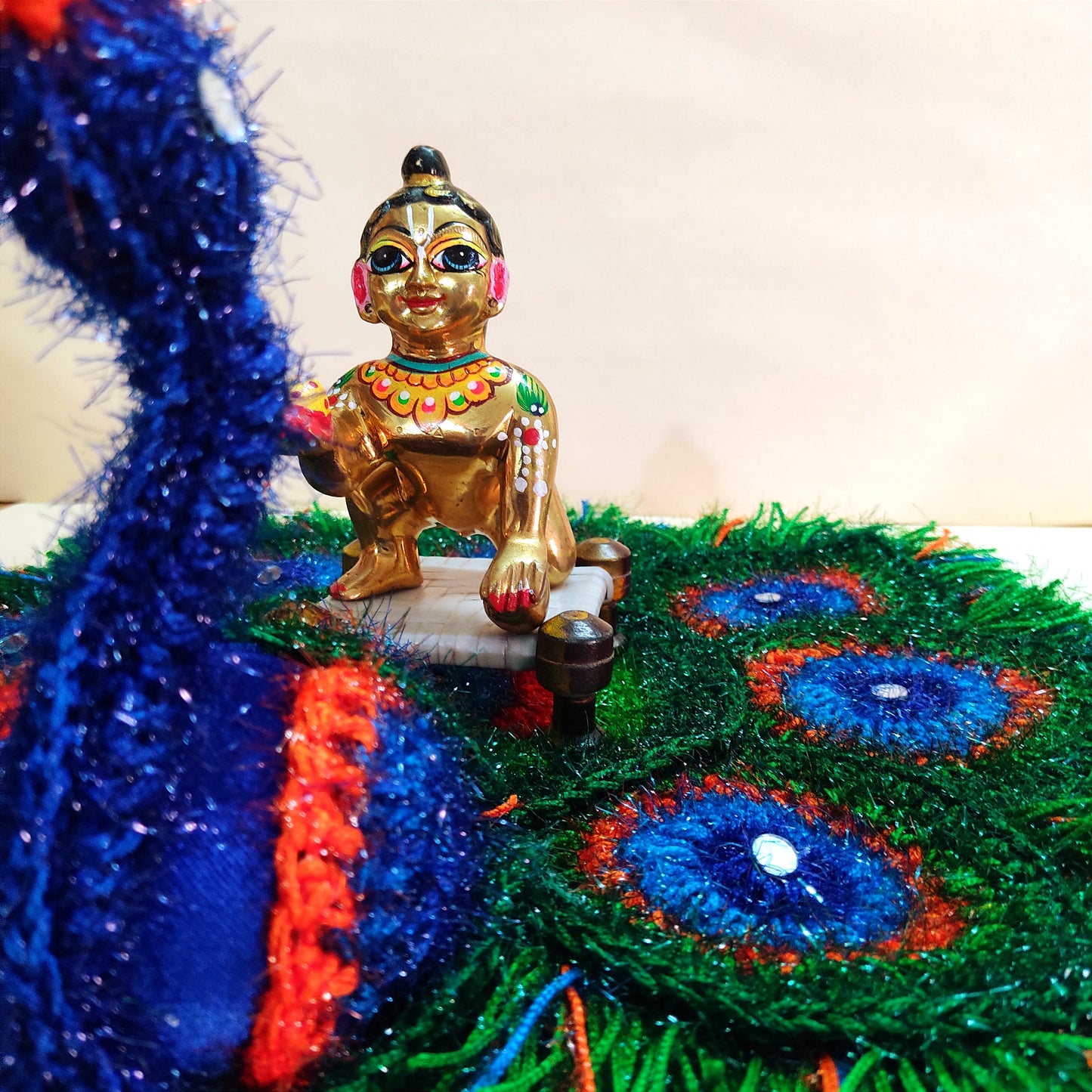 Handmade Crocheted Peacock-Inspired Aasan for Kanha Ji | Elegant Thalposh | Sacred Table Cover & Home Decor