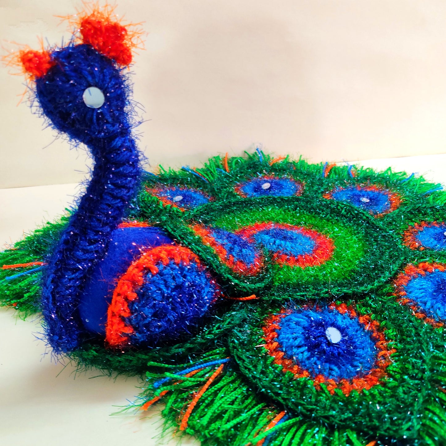 Handmade Crocheted Peacock-Inspired Aasan for Kanha Ji | Elegant Thalposh | Sacred Table Cover & Home Decor