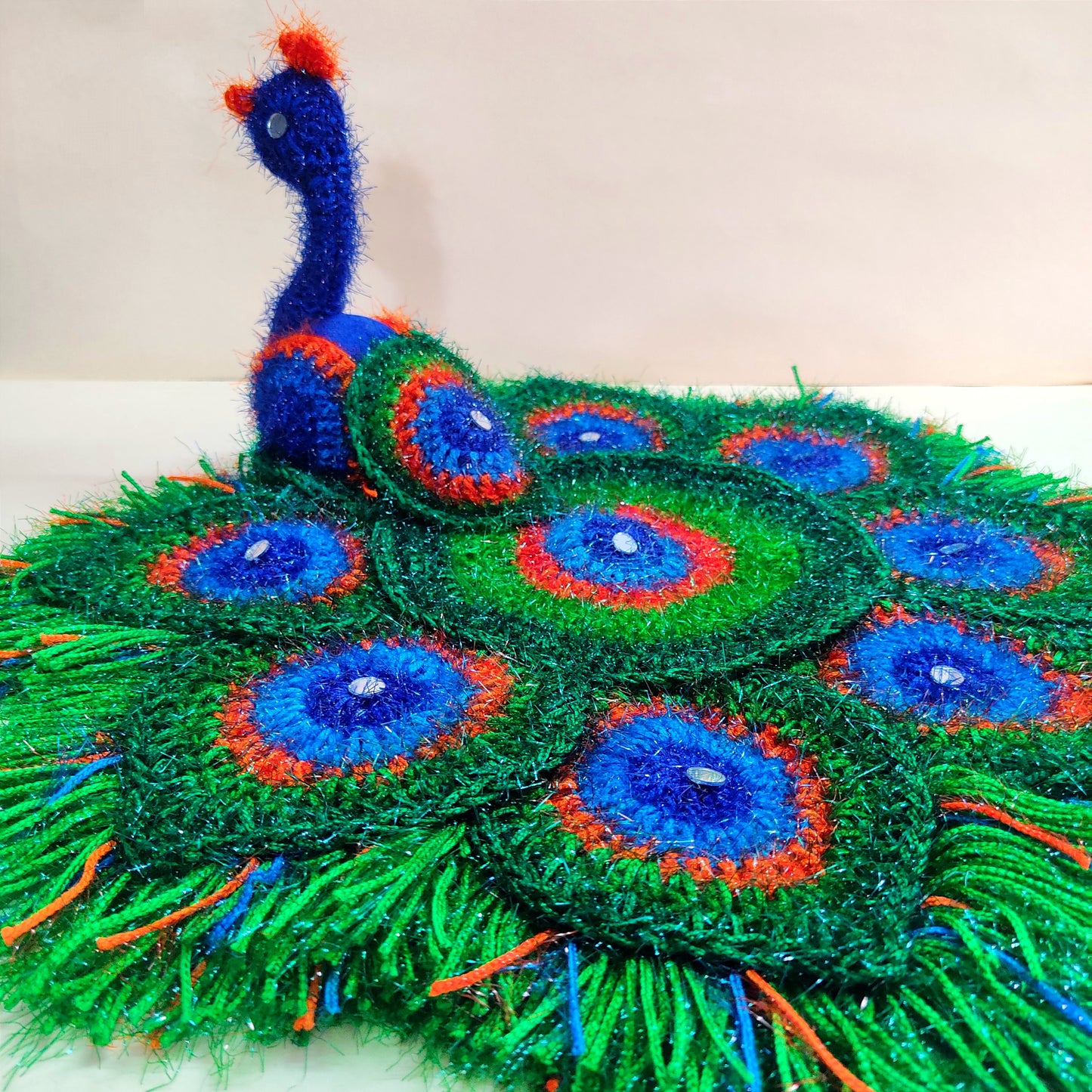 Handmade Crocheted Peacock-Inspired Aasan for Kanha Ji | Elegant Thalposh | Sacred Table Cover & Home Decor
