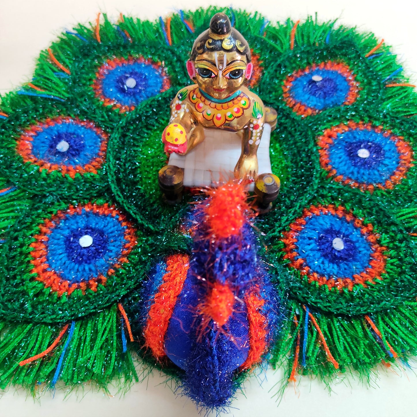 Handmade Crocheted Peacock-Inspired Aasan for Kanha Ji | Elegant Thalposh | Sacred Table Cover & Home Decor