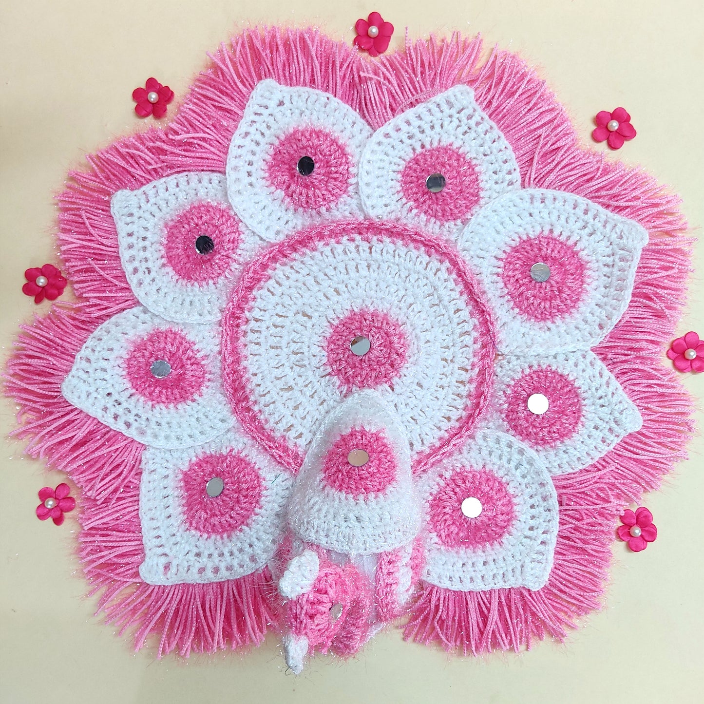Handmade Crocheted Peacock-Inspired Pink and White Aasan for Kanha Ji | Elegant Thalposh | Sacred Table Cover & Home Decor