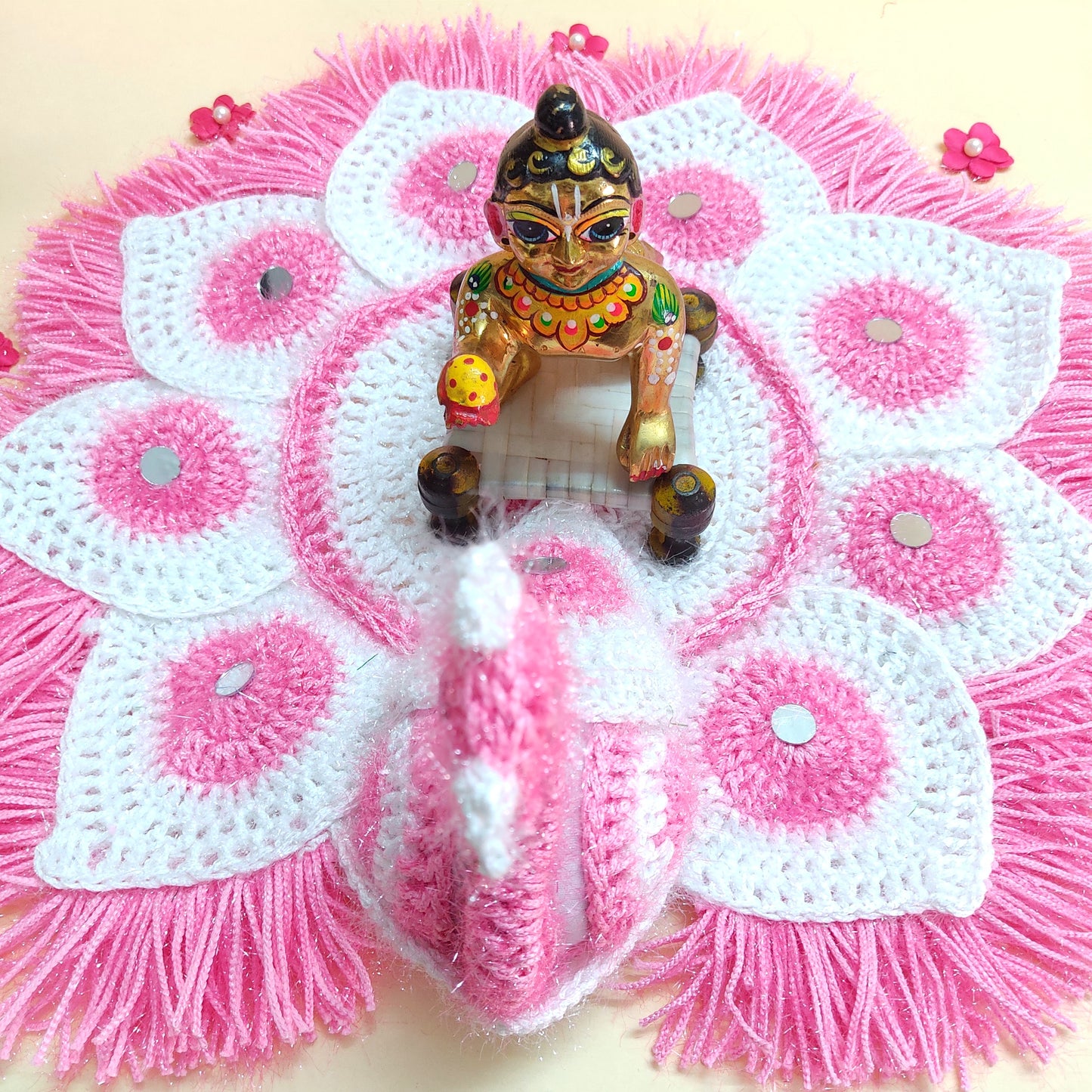 Handmade Crocheted Peacock-Inspired Pink and White Aasan for Kanha Ji | Elegant Thalposh | Sacred Table Cover & Home Decor