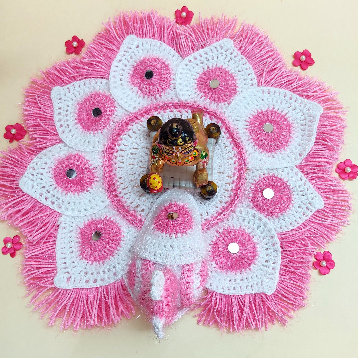 Handmade Crocheted Peacock-Inspired Pink and White Aasan for Kanha Ji | Elegant Thalposh | Sacred Table Cover & Home Decor