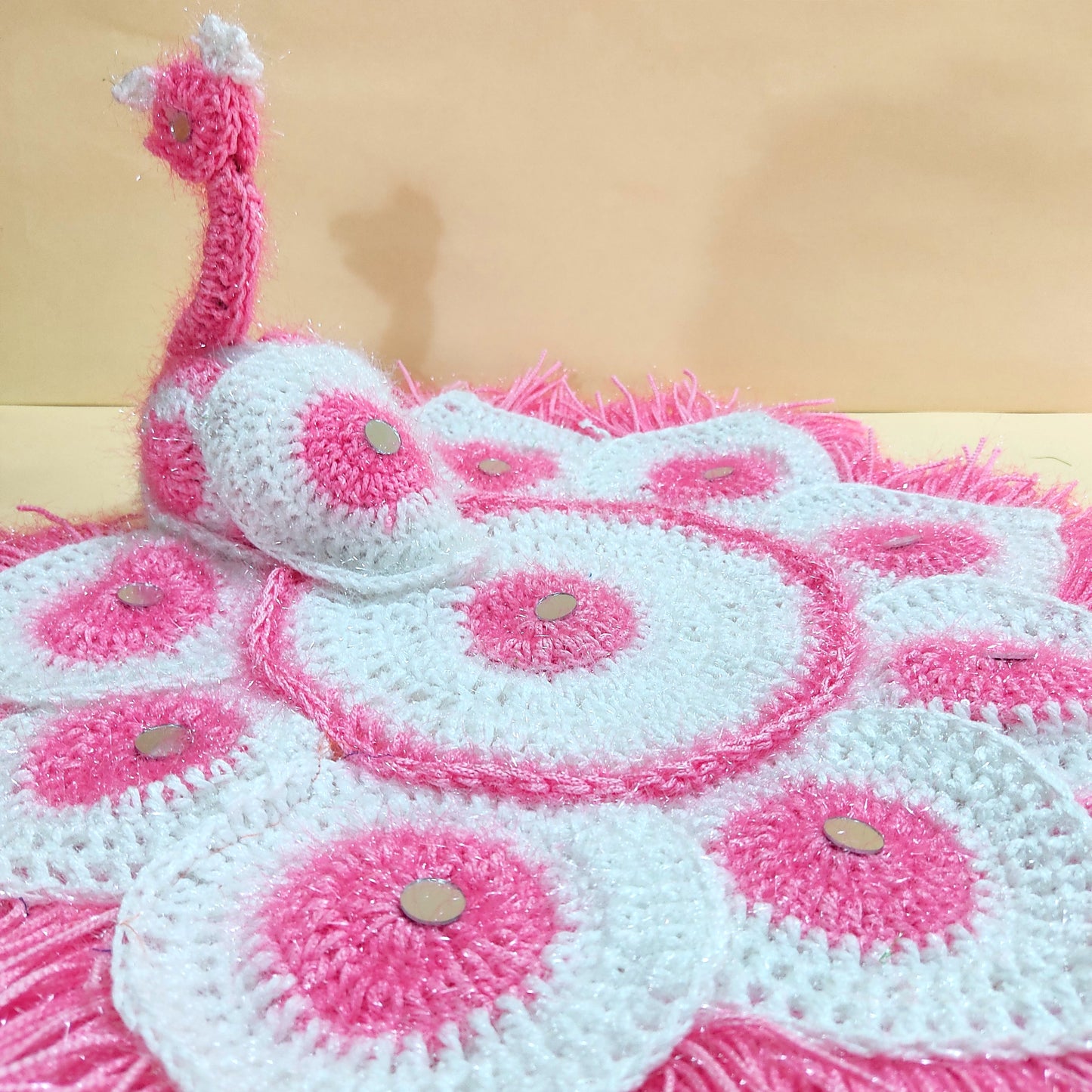 Handmade Crocheted Peacock-Inspired Pink and White Aasan for Kanha Ji | Elegant Thalposh | Sacred Table Cover & Home Decor